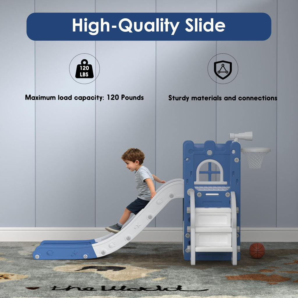 LulliSpace 6 in 1 Toddler Slide,Kids Playset for Toddlers Indoor Outdoor, Baby Slide with Basketball Hoop, Telescope & Storage Space,Non-Slip Steps for Great Gift