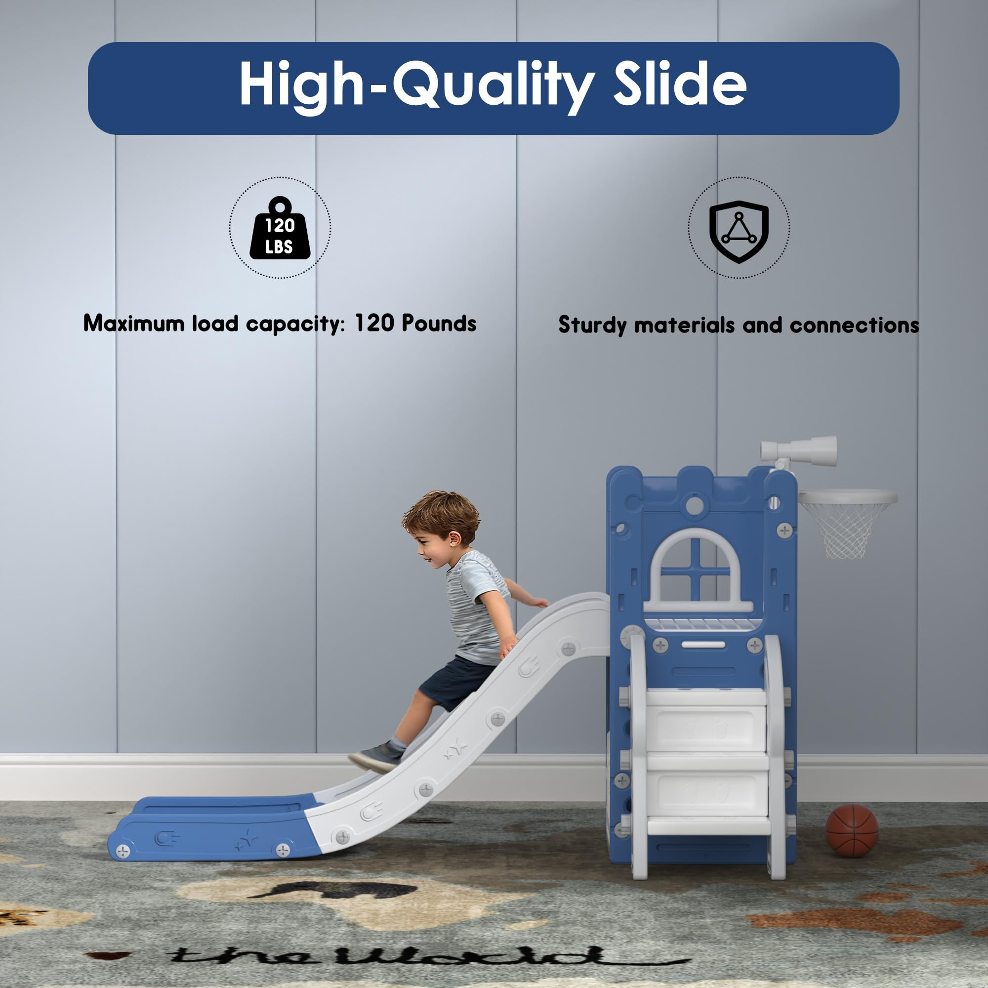 LulliSpace 6 in 1 Toddler Slide,Kids Playset for Toddlers Indoor Outdoor, Baby Slide with Basketball Hoop, Telescope & Storage Space,Non-Slip Steps for Great Gift