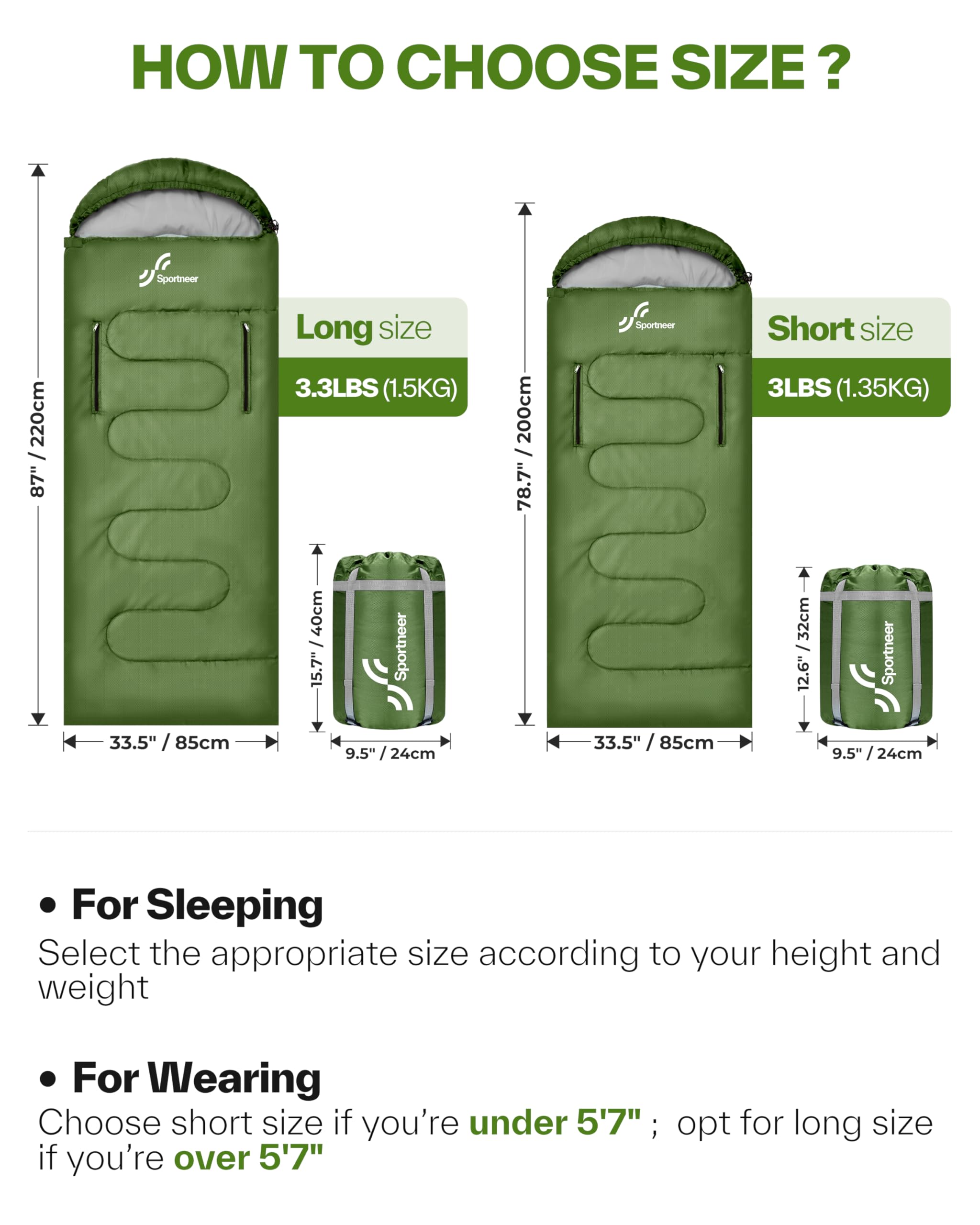 Sportneer Wearable Sleeping Bag for Adults & Kids – Walkable with Arm Zippers, Warm Weather & Cold Waterproof, Compact for Camping, Stadiums, Travel, Backpacking & Car Use