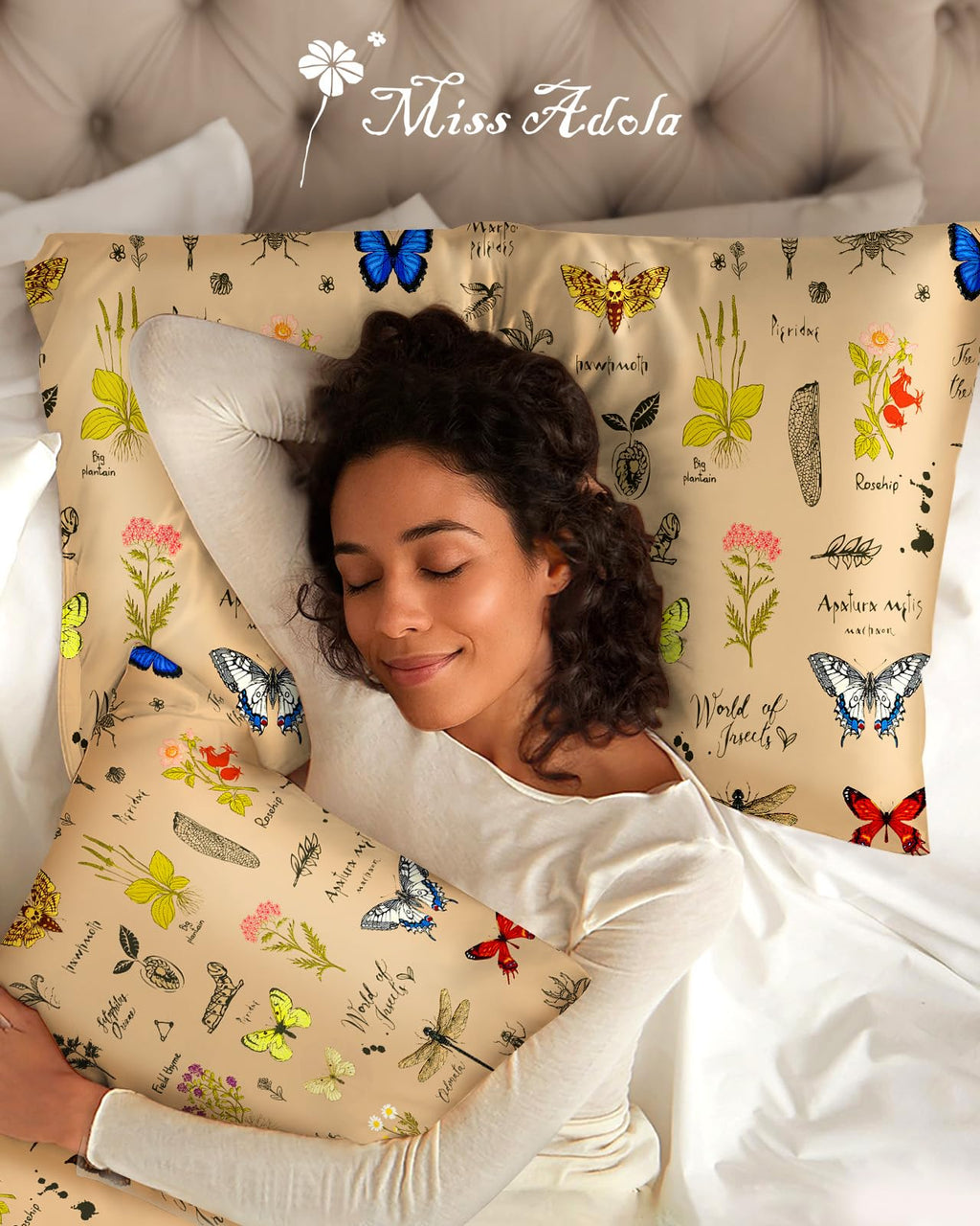 Miss Adola 2 Pack Mulberry Silk Pillowcase for Hair and Skin - Standard Size 20 x 26 Inches with Hidden Zipper Beige Flower 19 Momme Soft Sleeping Silk Pillow Case for Women, Moms