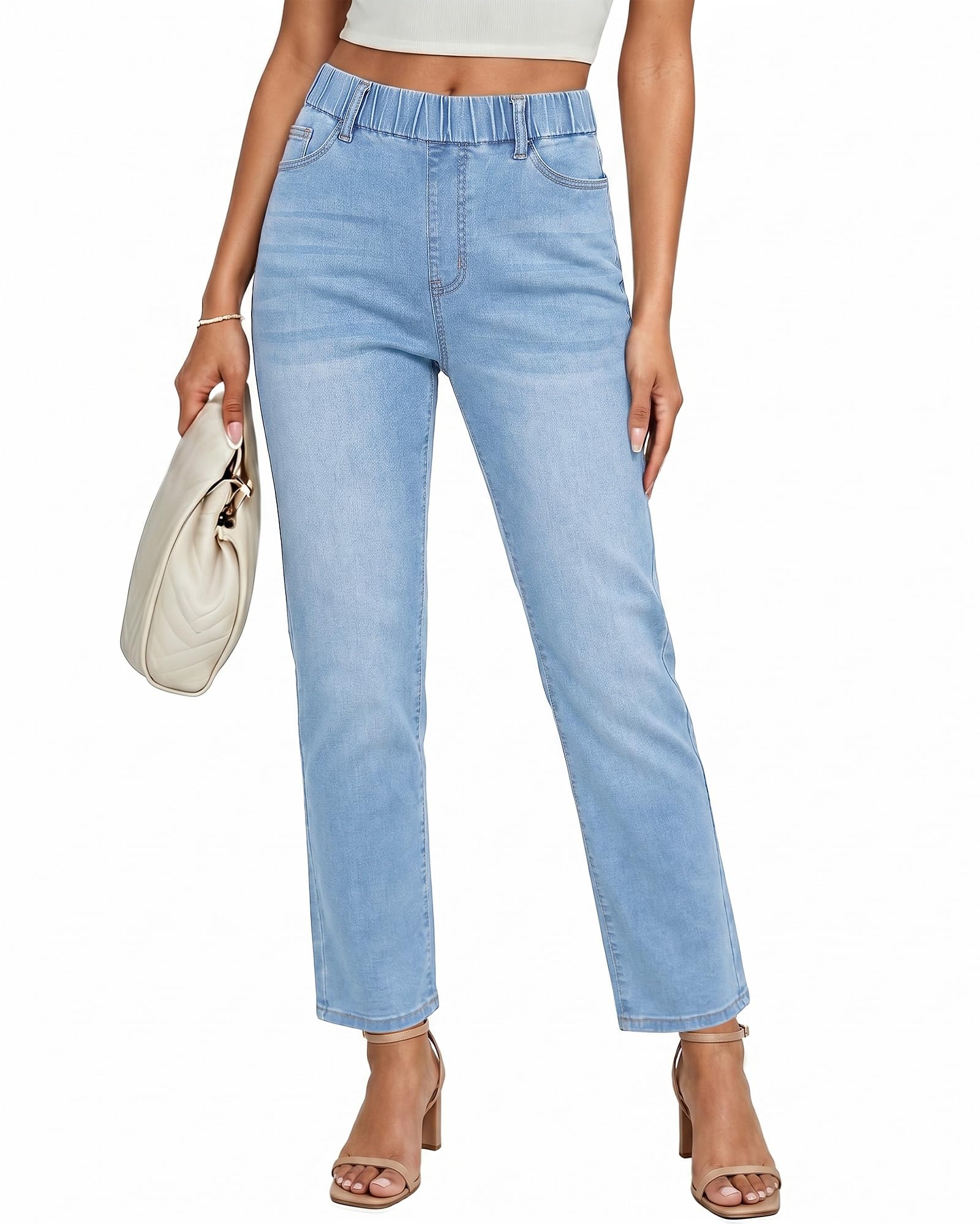 GRAPENT Straight Leg Jeans for Women Trendy Pull On High Waisted Cropped Elastic Waist Stretchy Denim Pants Ankle Jeans