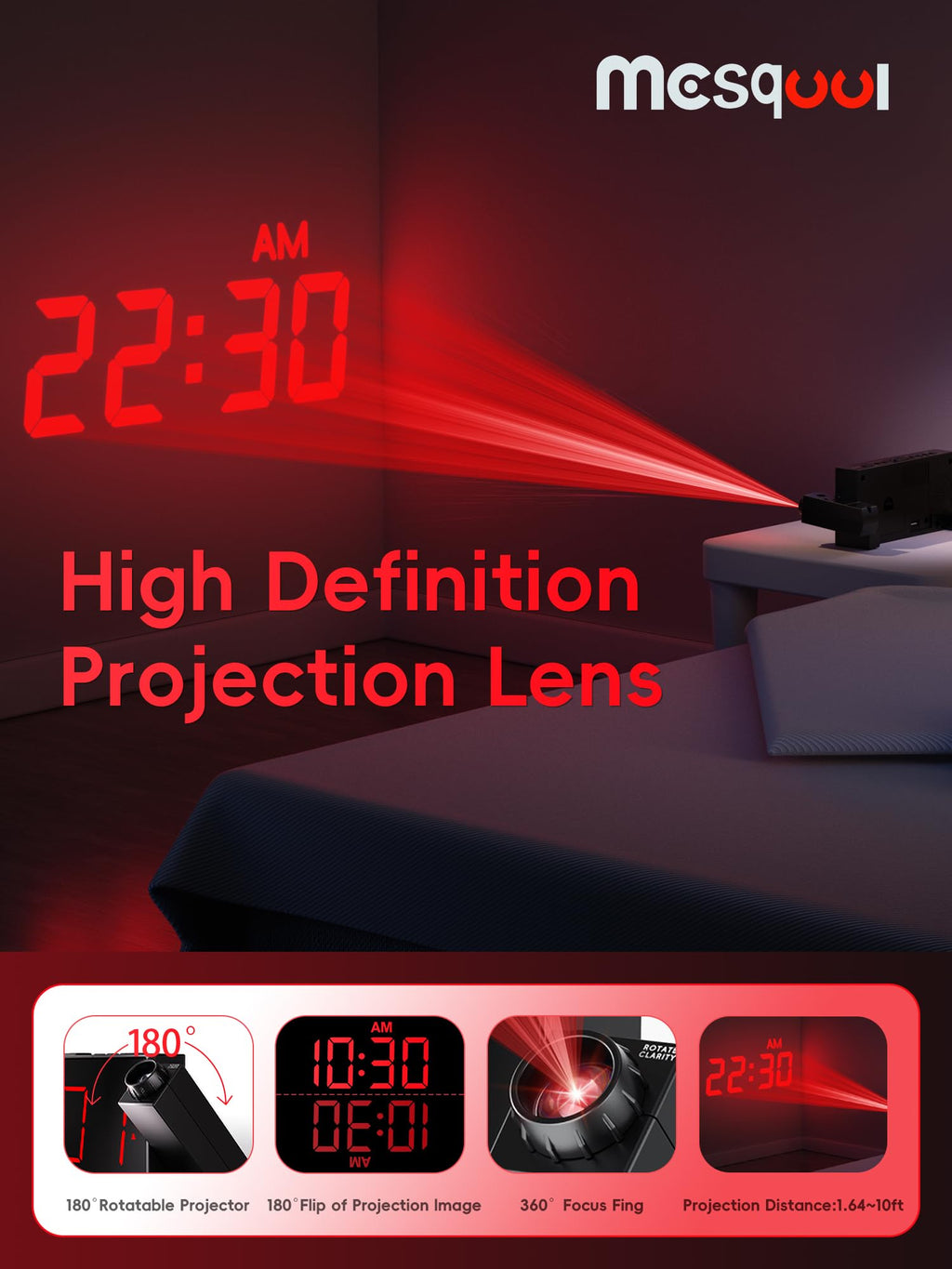 Digital Projection Alarm Clocks for Bedrooms - Large LED Display, 180° Rotatable Projector, 5-Level Dimmer,USB Charger,Battery Backup,Loud Dual Alarms for Kids Elderly,Heavy Sleepers,Snooze,12/24H,DST