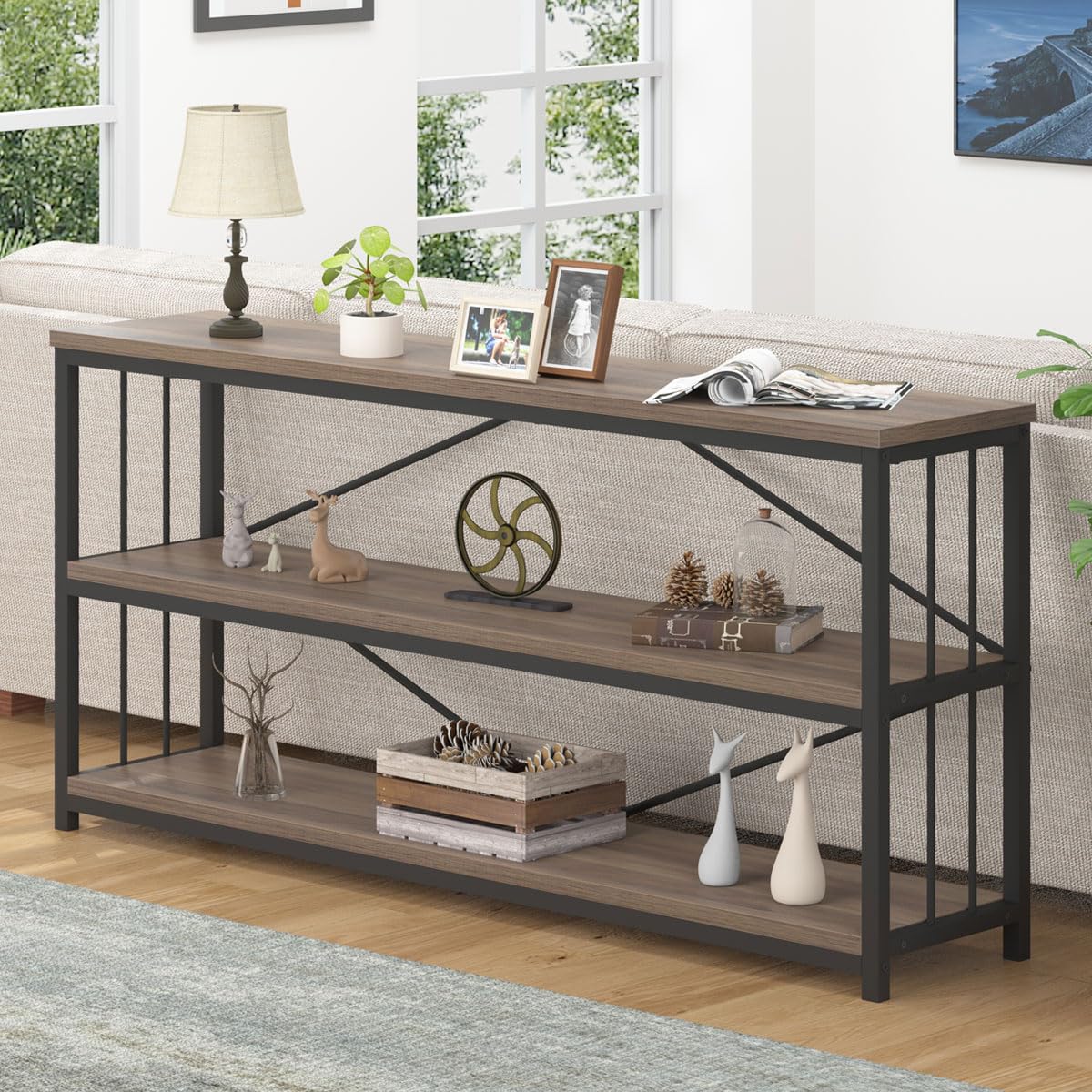 LVB Black Console Table, Modern Entryway Table for Hallway Living Room, Industrial Sofa Table Behind Couch, Farmhouse Wooden Metal Entry Table for Foyer with 3-Tier Storage Shelves, Black Oak, 55 Inch