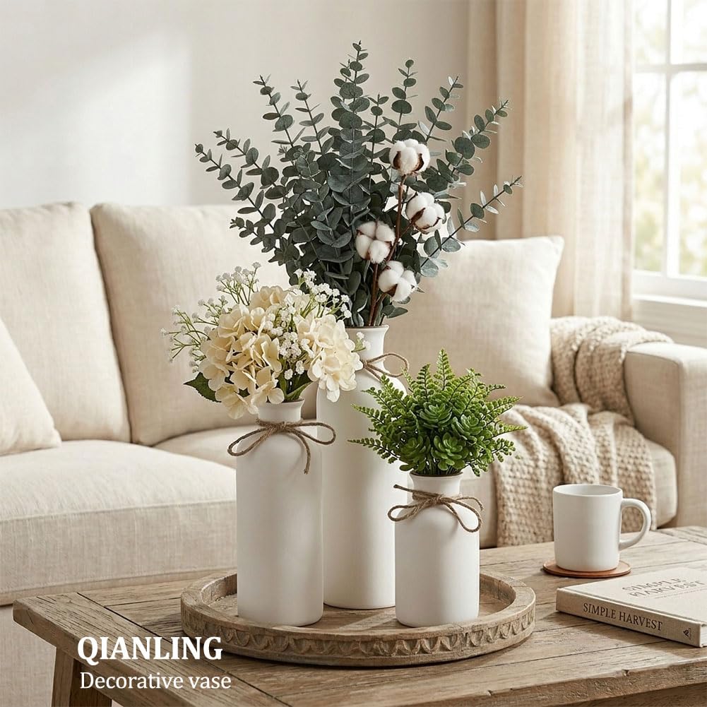 Ceramic Vase Set - 3 Ceramic Small Vases, Farmhouse Country Flower Vase Home Decor, Living Room Decoration, Table Decoration, Fireplace Decor, and Entrance Decorations Centerpieces