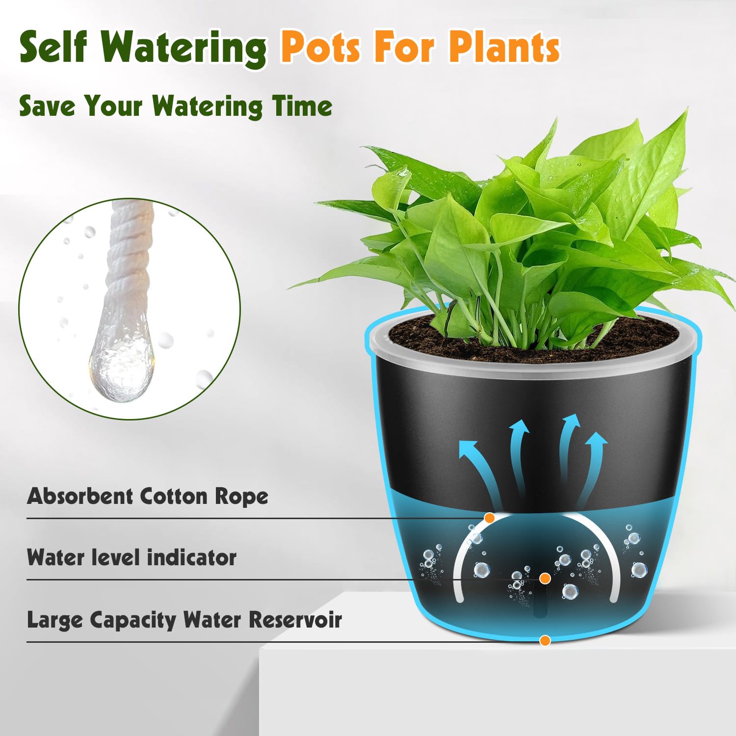 Self-Watering Pots for Indoor Plants, 16-Pack Self Watering Planter with Drainage Holes, Small African Violet Pots with Water Indicator, 10-Pack 5''/6-Pack 6.7'' Orchid Pot, Black