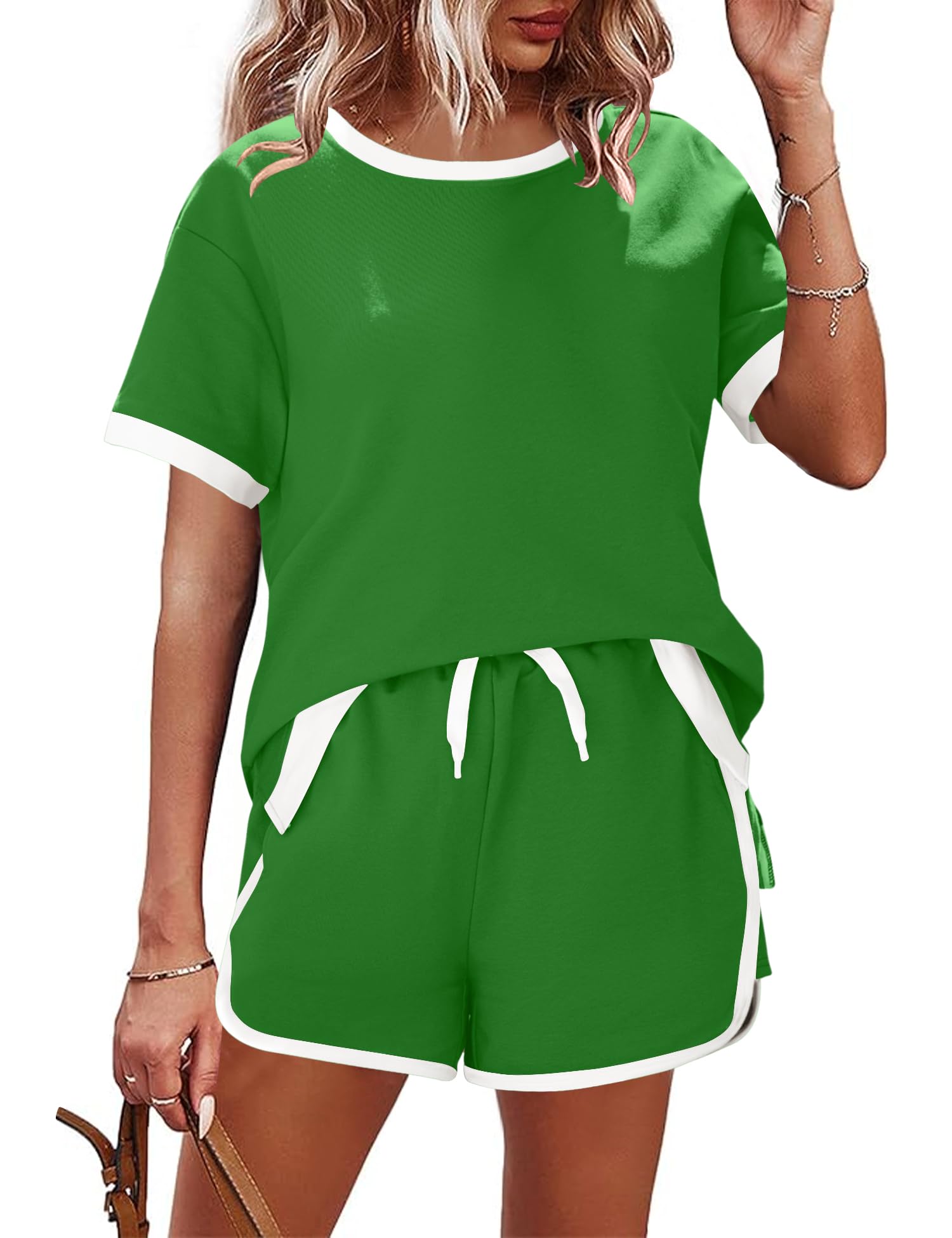 AKEWEI Shorts Sets Women 2 Piece Outfits Casual Short Sleeve Crewneck Tops and Drawstring Shorts Color Block Sets