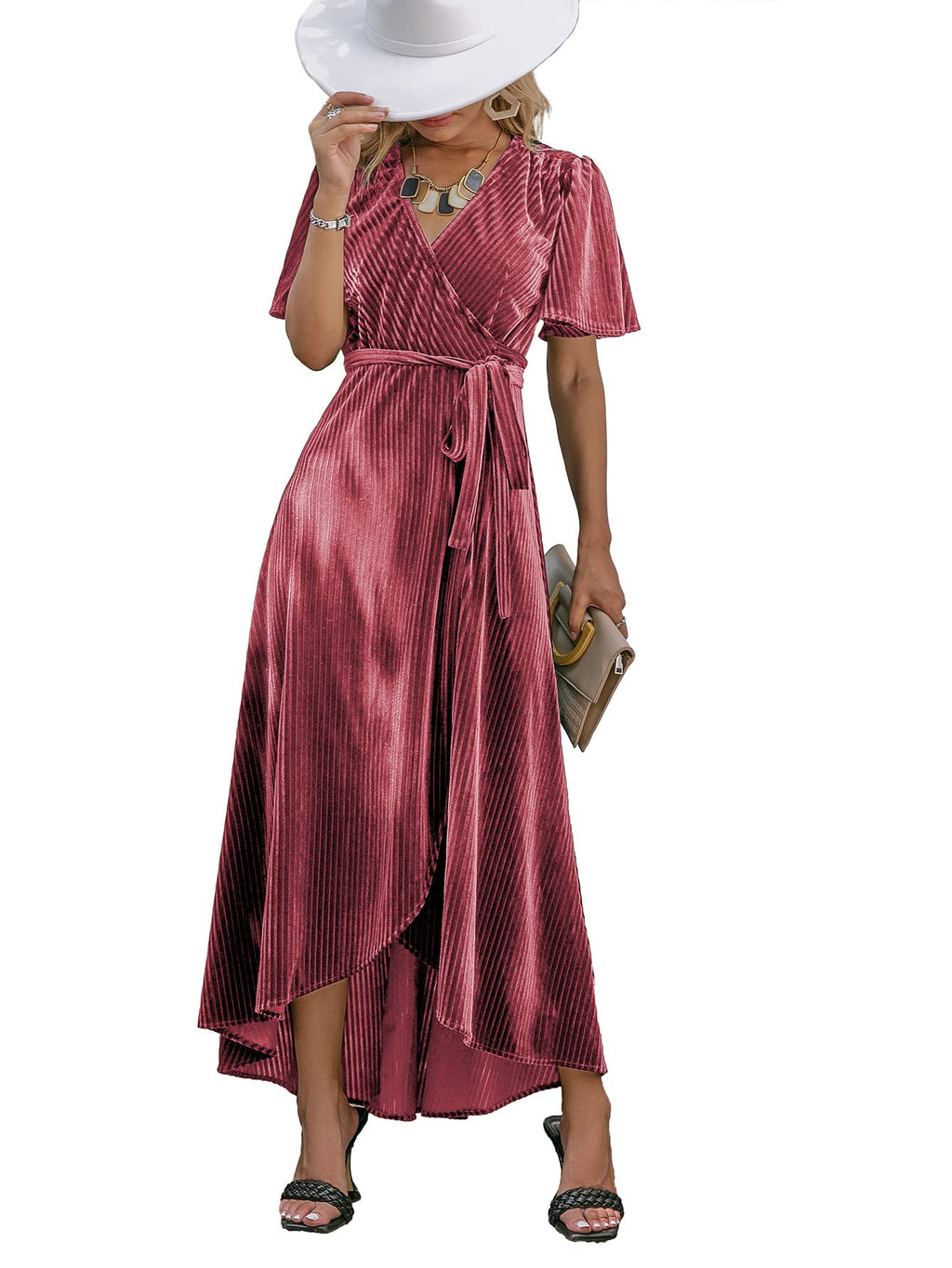 BerryGo Women's Velvet V Neck Wrap Semi Formal Dress Cocktail Party Maxi Dress for Wedding Guest