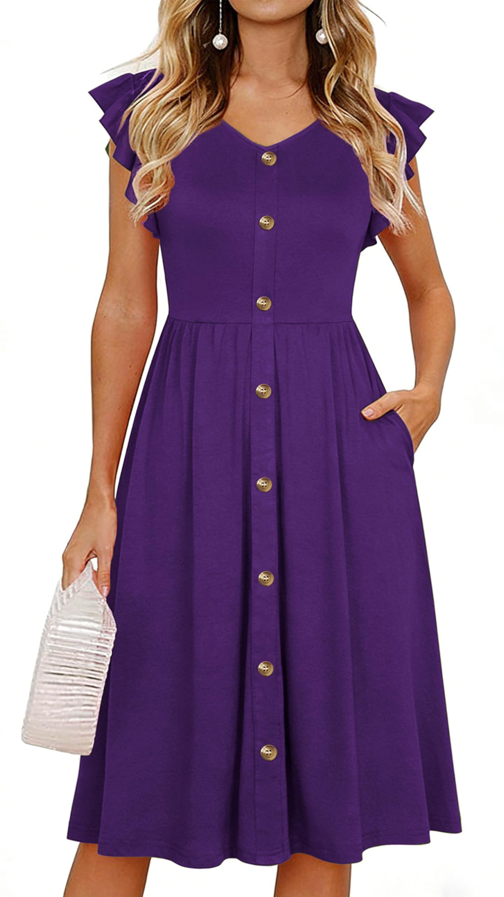 Lamilus Women's Casual Summer Dresses 2026 Ruffle Sleeves V-Neck Button Down Midi Swing Party Dress with Pockets