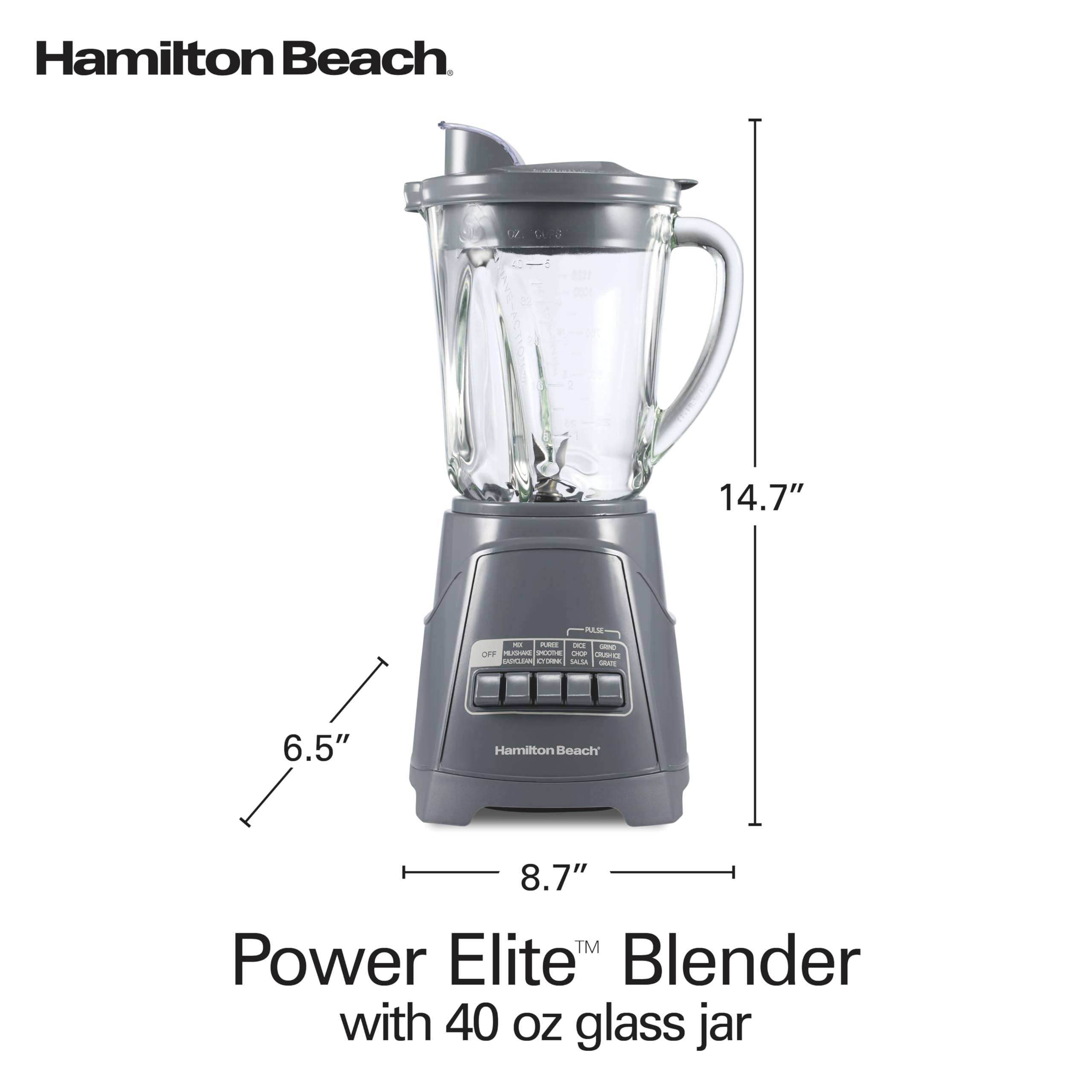 Hamilton Beach Power Elite Wave Action Blender For Smoothies, 40 Oz Glass Jar, 12 Functions Including Puree, Crush Ice, 700 Watts - Black (58148A)