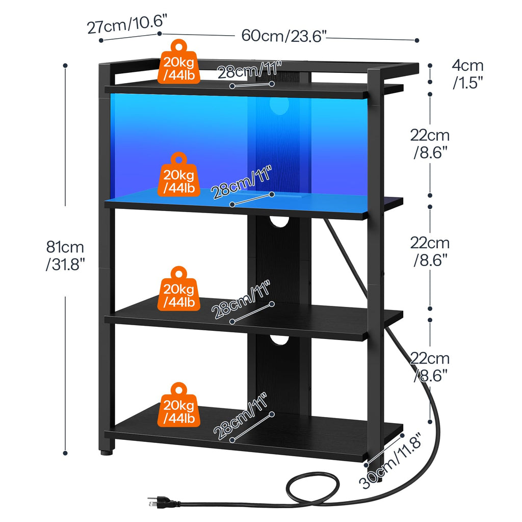 HOOBRO Game Console Shelf, 4-Tier Video Gaming Consoles Stand with Outlet & RGB Light, Audio Rack Tower for Turntable, Stereo Equipment, Wooden Entertainment Storage Stand, Black BB38UDCJ01