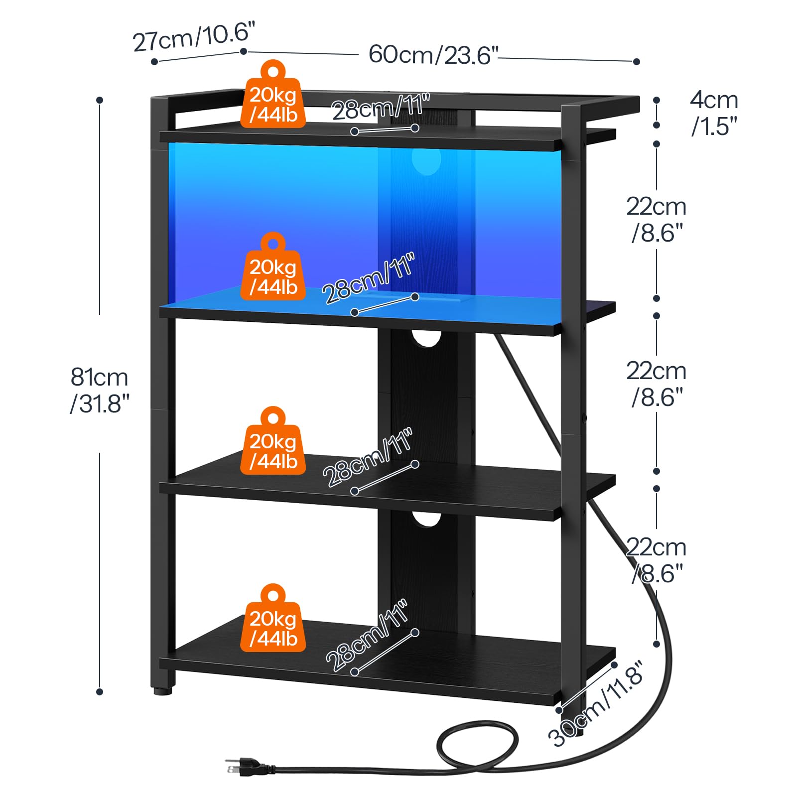 HOOBRO Game Console Shelf, 4-Tier Video Gaming Consoles Stand with Outlet & RGB Light, Audio Rack Tower for Turntable, Stereo Equipment, Wooden Entertainment Storage Stand, Black BB38UDCJ01