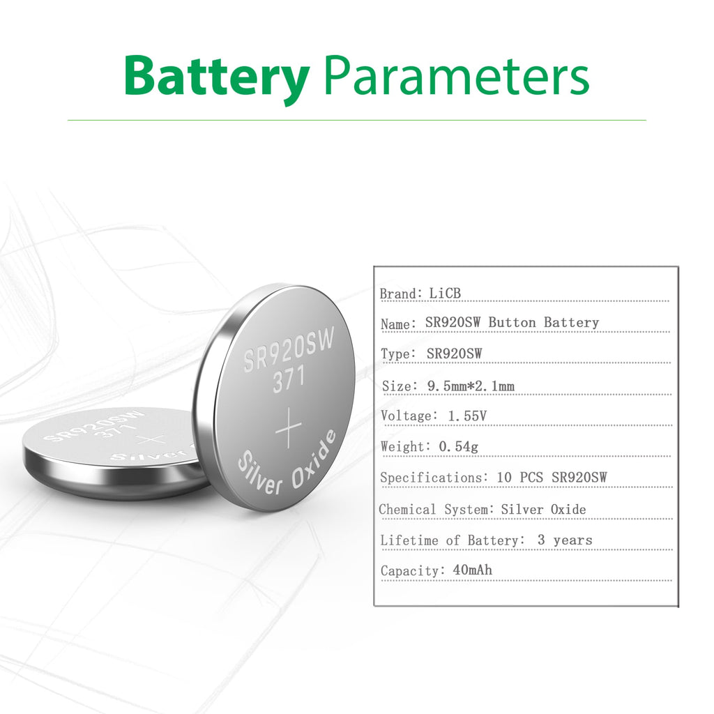LiCB 10 Pack 371 SR920SW Watch Battery,Long-Lasting & Leak-Proof,High Capacity Silver Oxide 1.55V Button Cell Batteries for Watch