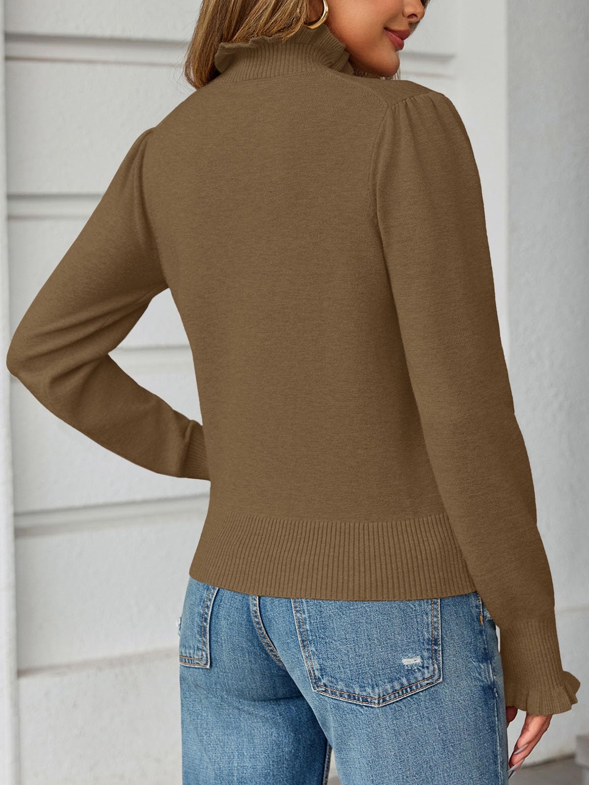 Saodimallsu Womens Ruffle Mock Neck Sweater Puff Long Sleeve Fall Soft Knit Casual Pullover Sweaters Top