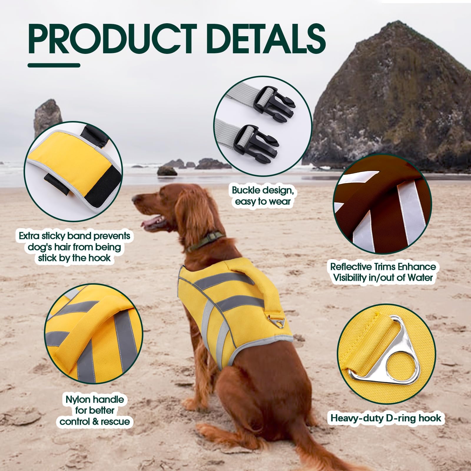 Kuoser Dog Life Jacket with Reflective Stripes, Dog Life Vest for Swimming Boating, Adjustable Pet Lifejackets with High Flotation, Doggie Swimsuit for Small Medium Large Dogs