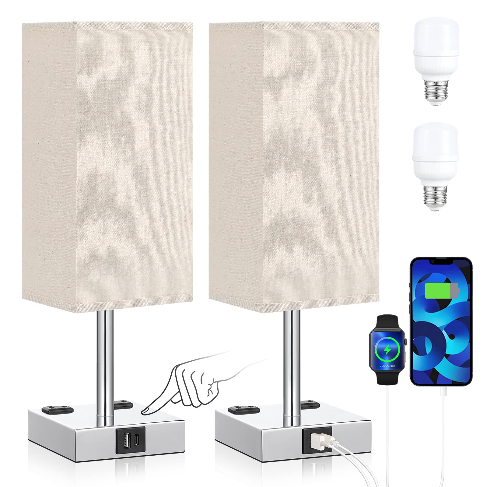 aooshine Set of 2 Touch Nightstand Lamp with USB-C+A Charge Ports& AC Outlets, 3-Way Dimmable Bedside Lamp with White Fabric Shade,Small Table Lamp for Bedroom Guest Room(Bulb Included)