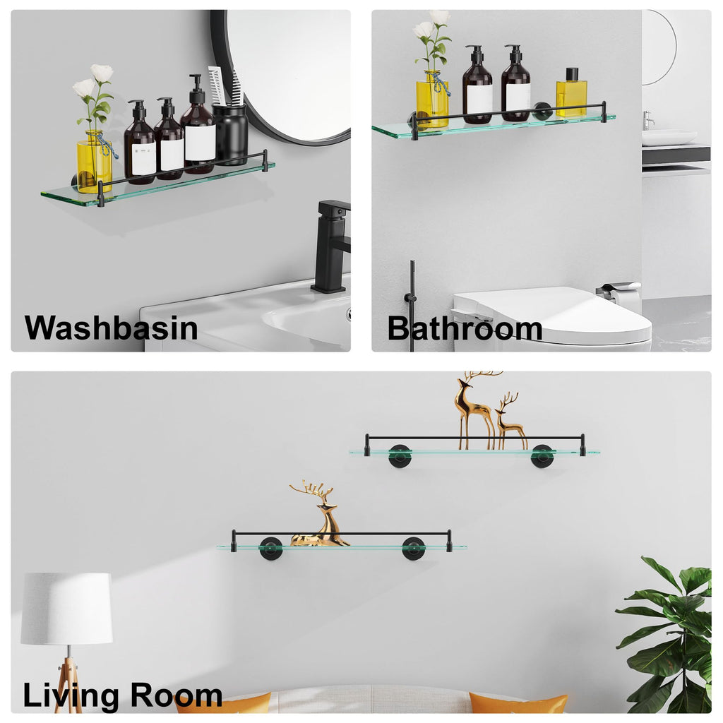 Glass Bathroom Shelves,Brushed Gold Floating Shelves for Wall Rectangular Modern Stainless Steel Glass Shelf for Bathroom Shelves wall Mounted 16 Inch