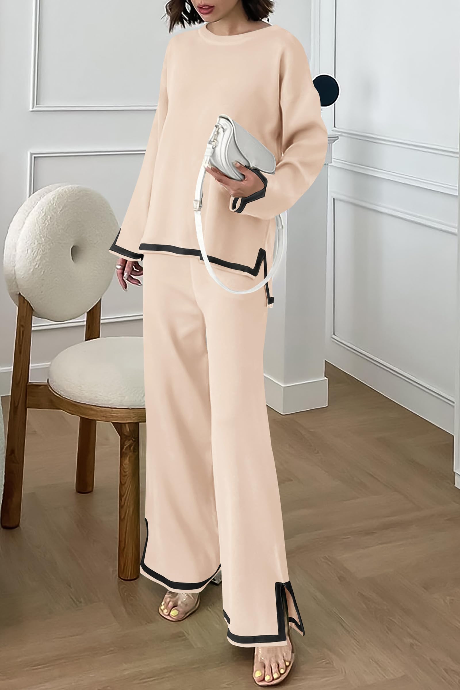 PRETTYGARDEN Women's 2 Piece Knit Sweater Set Travel Outfits | Long Sleeve Tops, Wide Leg Pants, Soft Matching Sweat Track Suits, Casual Fall Winter Clothes for Brunch, Going Out & Cruise