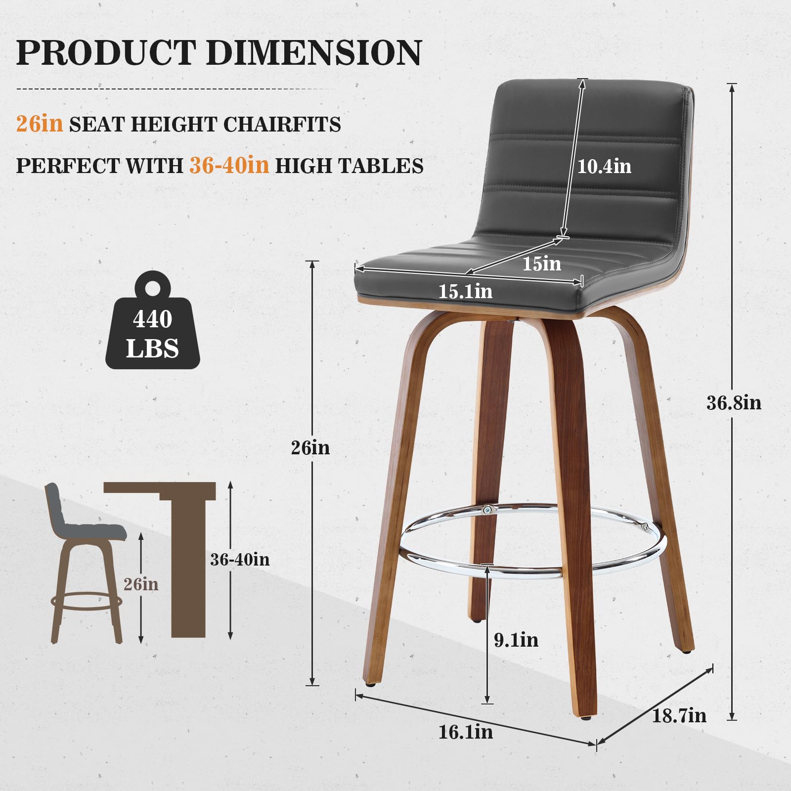 Bar Stools 29 Inch Bar Height, Swivel Bar Stools with Backs Upholstered PU Leather Barstool, L Shape Back and Padded Seat, Mid-Century Modern Bar Stool Pub Chairs for Kitchen Counter Island, Black
