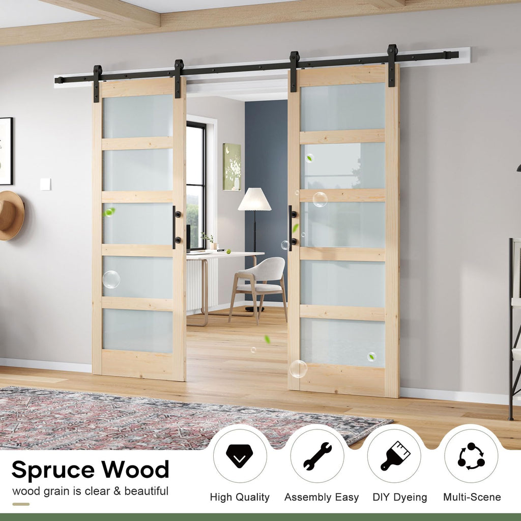 Double 18×84 inch Glass Sliding Barn Door Slab with 6.6ft Hardware Kit Included, 5-Panel Frosted Glass, Spruce Wood Support DIY Dyeing, Easy Assembly