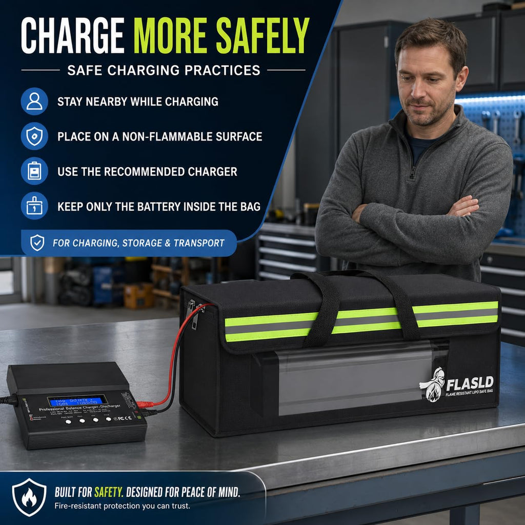 FLASLD Large Fireproof Lipo Bag for 100Ah Lithium Battery Storage and Charging, 14 x 7.8 x 9.5in Waterproof Box for Documents and Valuables