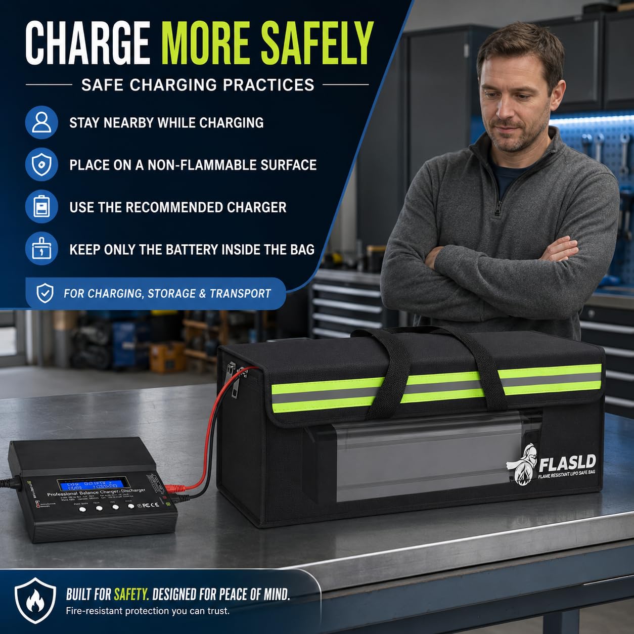 FLASLD Large Fireproof Lipo Bag for 100Ah Lithium Battery Storage and Charging, 14 x 7.8 x 9.5in Waterproof Box for Documents and Valuables