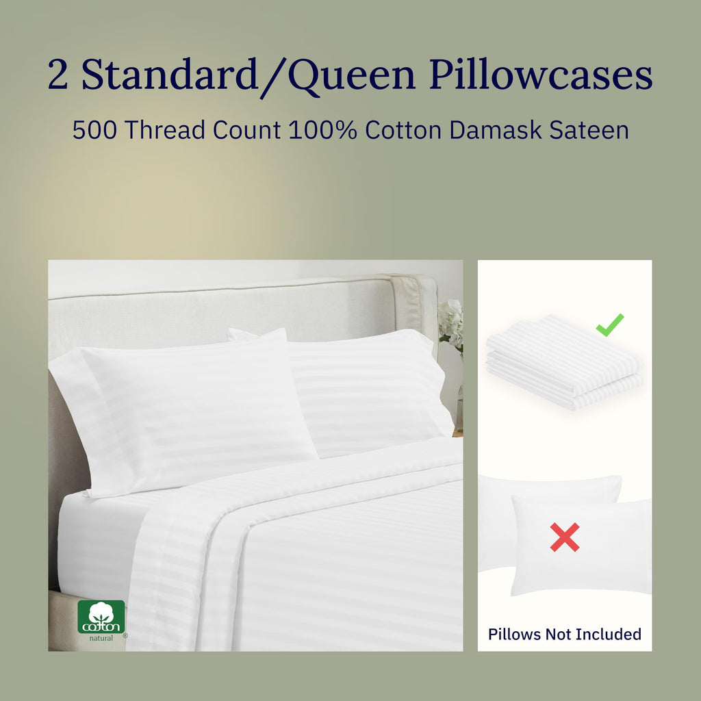 CALIFORNIA DESIGN DEN Soft & Silky 500 Thread Count 100% Cotton is Cool & Smooth, White Pillowcases Queen Size Fits Standard & Queen Pillows (Pure White)
