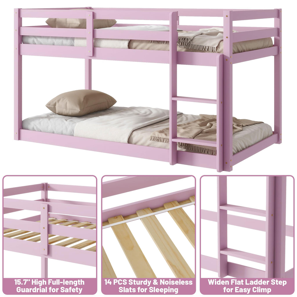 Bunk Bed Twin Over Twin, Wood Low Profile Floor Twin Bunk Beds with Headboard Ladder Guardrails for Kids Boys and Girls, No Box Spring Needed