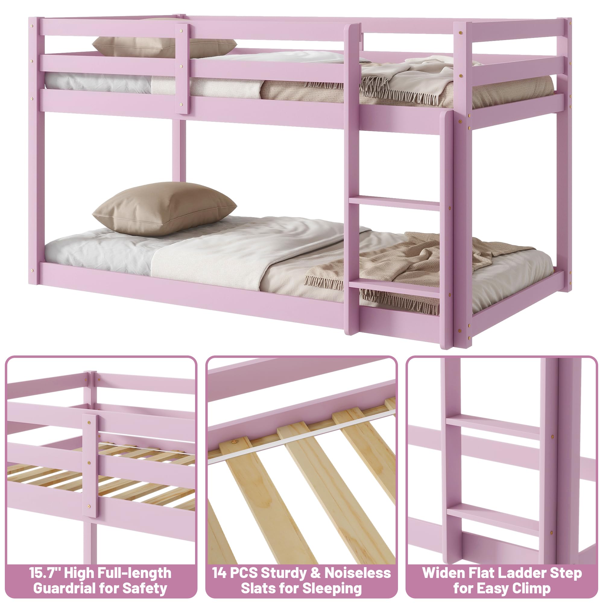 Bunk Bed Twin Over Twin, Wood Low Profile Floor Twin Bunk Beds with Headboard Ladder Guardrails for Kids Boys and Girls, No Box Spring Needed