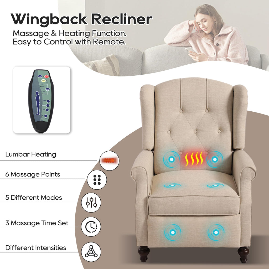 Wingback Chair with Massage and Heat, Tufted Fabric Pushback Recliner Chair, Wingback Recliner Chair with Remote Control, Padded Cushion, Wooden Legs, Small Recliners for Small Spaces