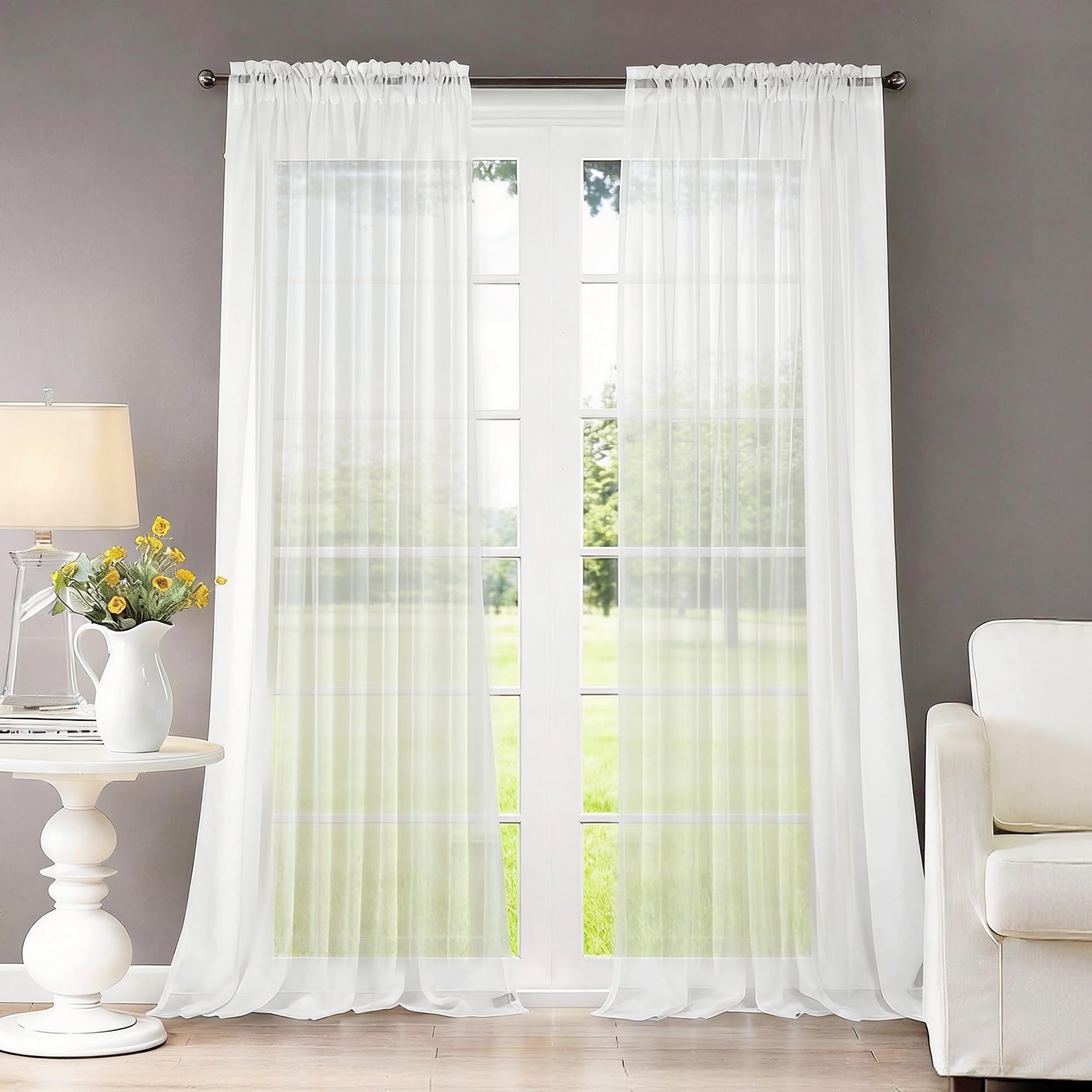Dreaming Casa Solid Sheer Curtains 84 Inches Long Grey Rod Pocket Voile Draperies for Bedroom Living Room, 2 Panels, Each 42" W x 84" L