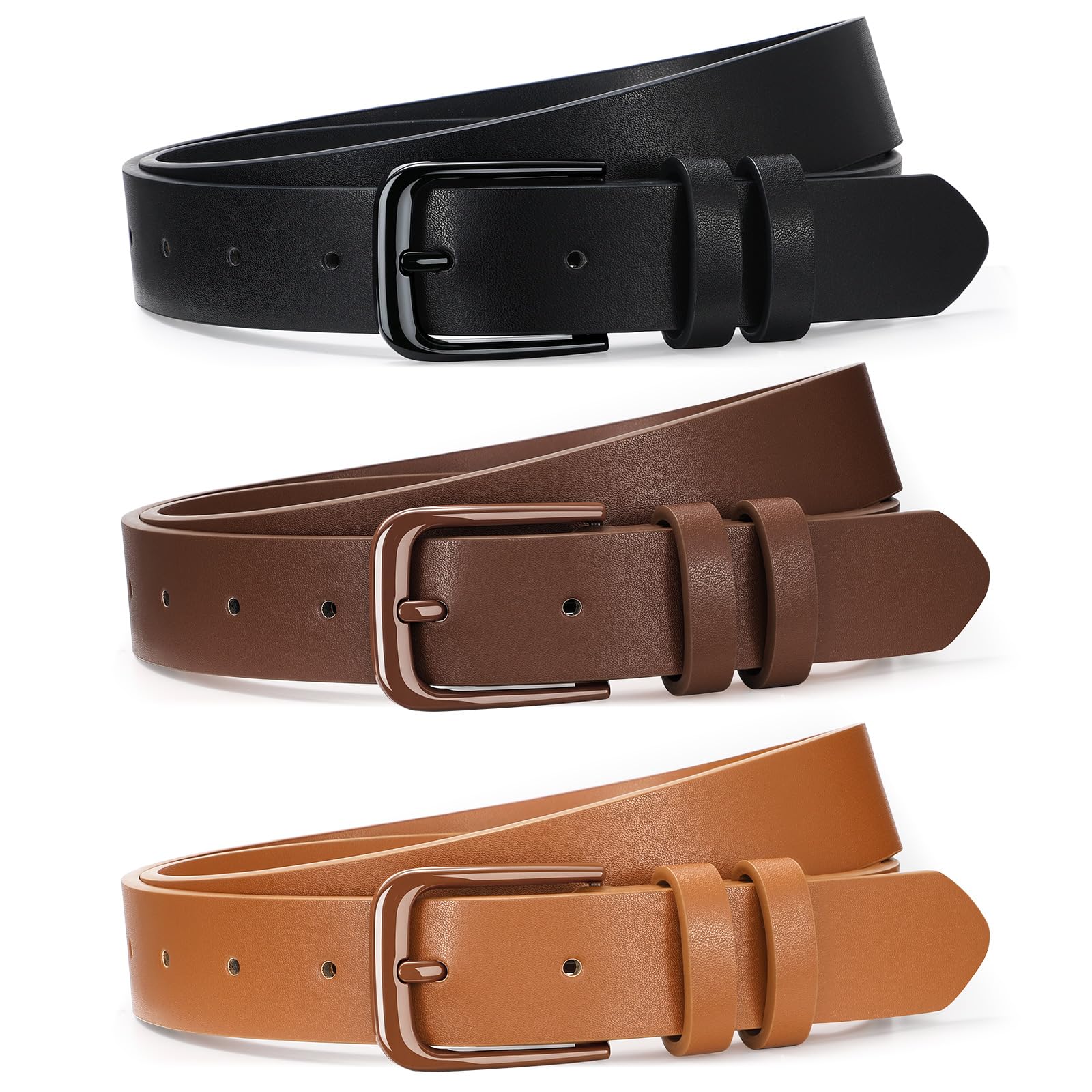 XZQTIVE 3 Pack Women Belts For Jeans Dresses Pants Ladies Leather Waist Belt with Gold Buckle