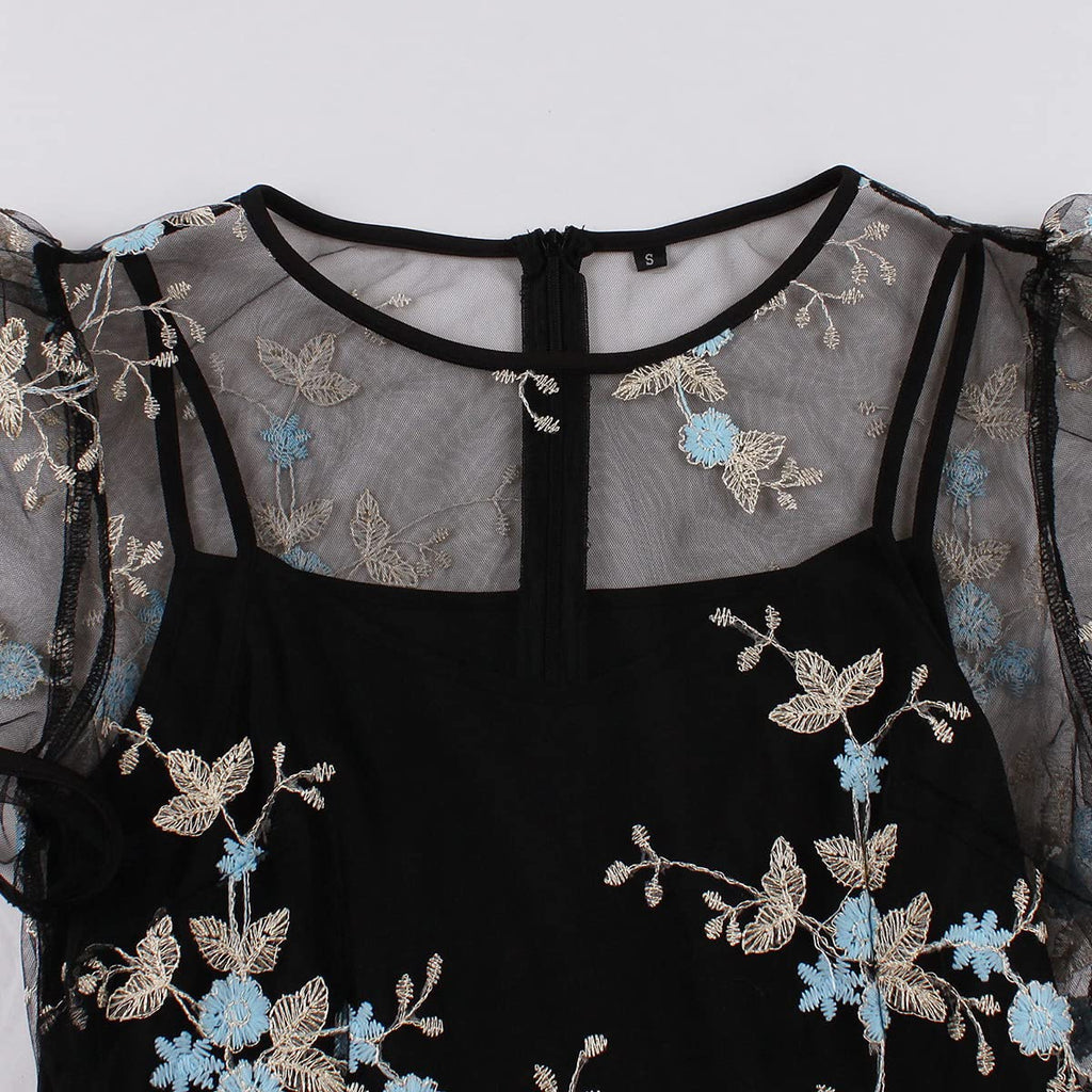Women Mesh Floral Embroidery Vintage Cocktail Swing Dress Illusion 50s Goth Flared A line Casual Wedding Prom Evening Dress