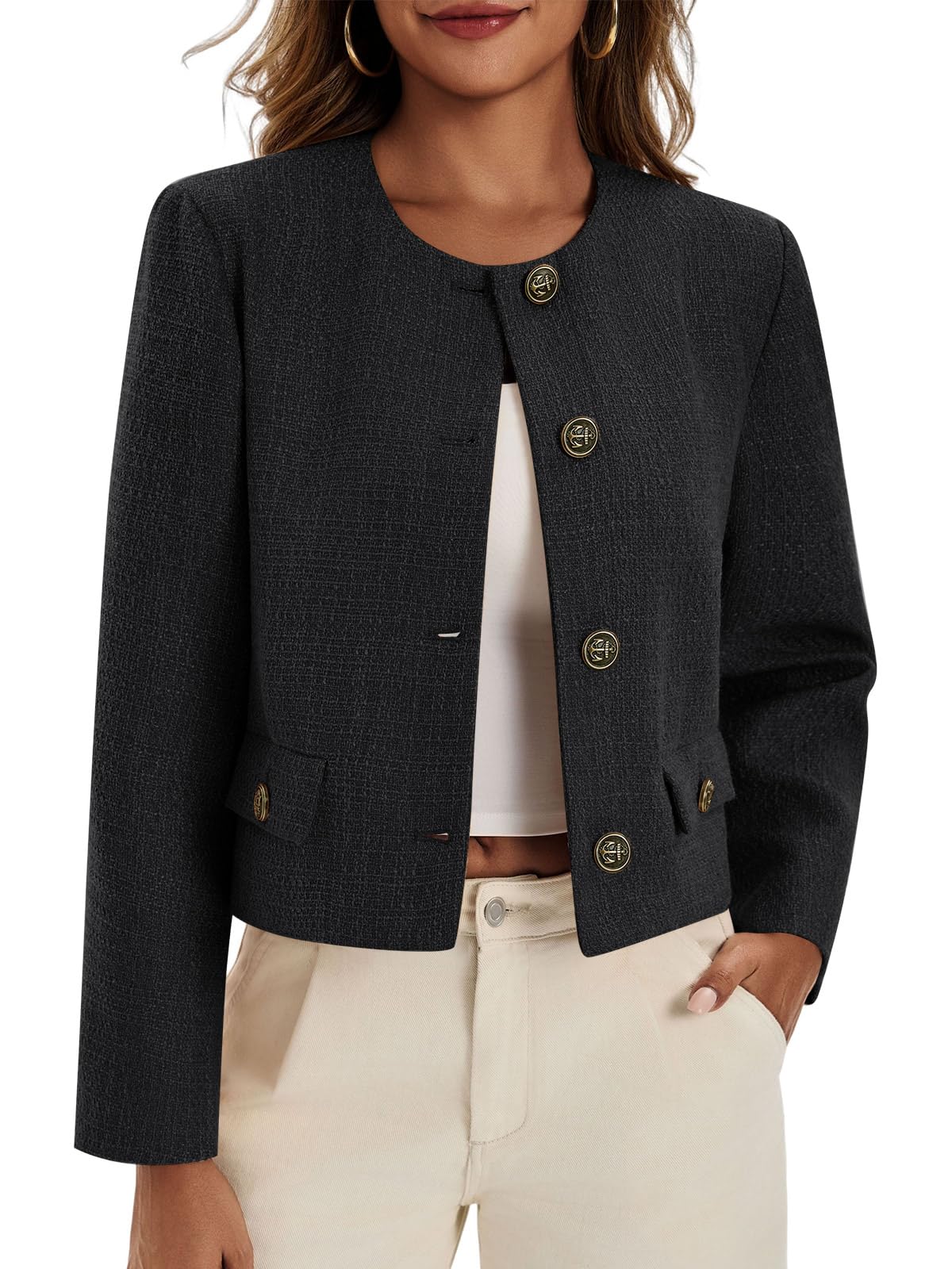 Cicy Bell Womens Cropped Tweed Blazer Collarless Button Down Bomber Jacket Business Casual Fall Outfits