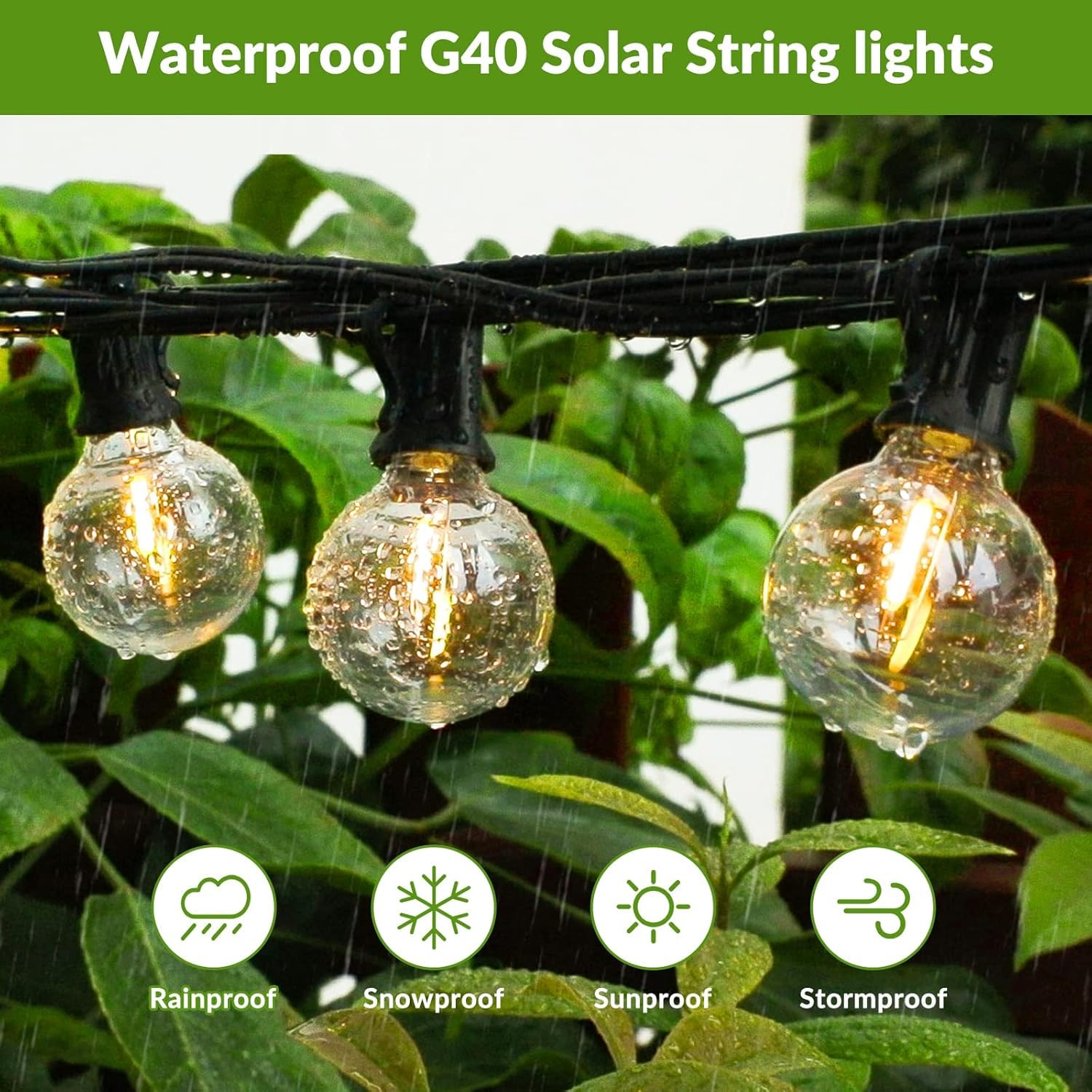Lakumu 34FT G40 Solar String Lights, Globe Outdoor String Lights with 15 E12 Waterproof LED Bulbs, 2700K Shatterproof Patio Lights, Solar Powered Hanging Lights
