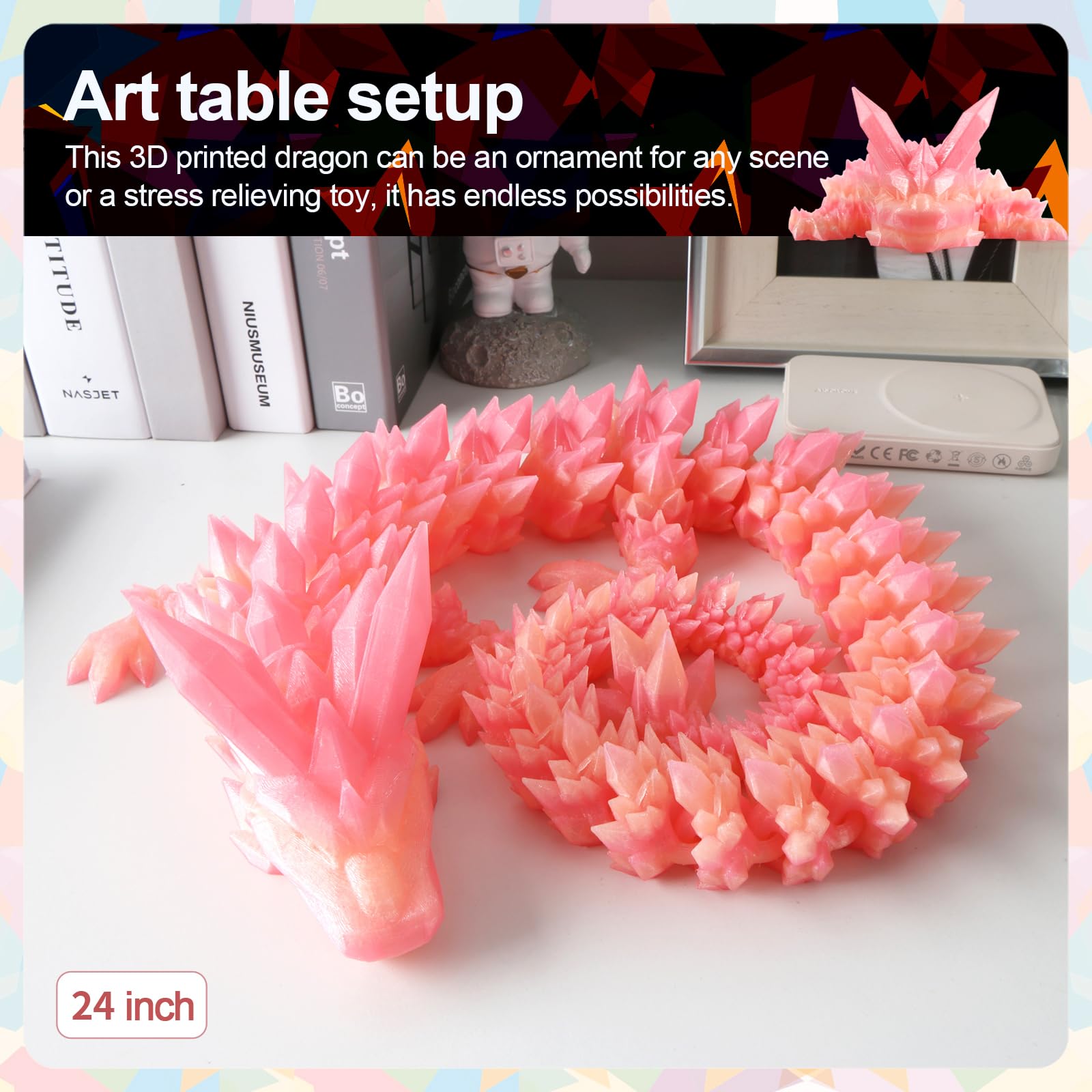 24" Large 3D Printed Dragon - Huge Articulated Crystal Dragon Fidget Toy, Giant Flexible 3D Dragon Figure, Birthday Gift for Boys Girls Kids & Collectors, Home Office Executive Desk Decor