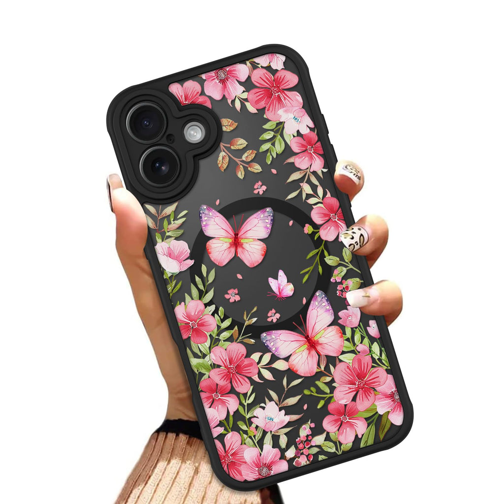 OOK Case for iPhone 11 6.1 Inch (Compatible with MagSafe) Floral Flowers Design Translucent Phone Cover Soft TPU + Hard PC Anti-Scratch Shockproof Magnetic Cute Case for Women - Red