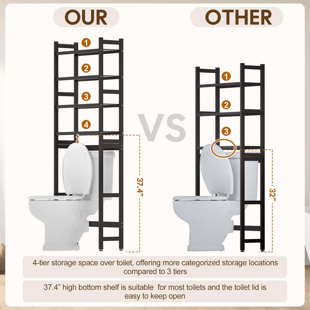 Cozivolife Over The Toilet Storage: 4-Tier Bamboo Organizer Rack with 2 Baskets & Paper Holder & 4 Hooks & Waterproof Feet Pad, Adjustable Freestanding Shelf for Bathroom (Brown)