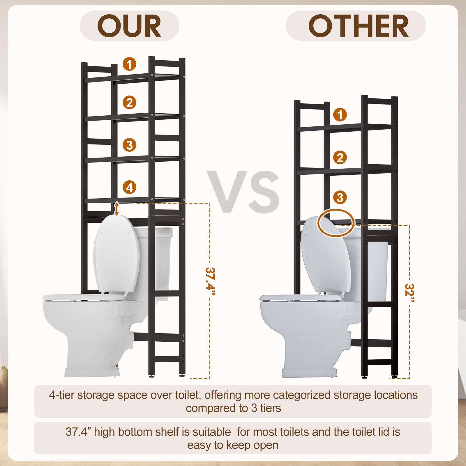 Cozivolife Over The Toilet Storage: 4-Tier Bamboo Organizer Rack with 2 Baskets & Paper Holder & 4 Hooks & Waterproof Feet Pad, Adjustable Freestanding Shelf for Bathroom (Brown)