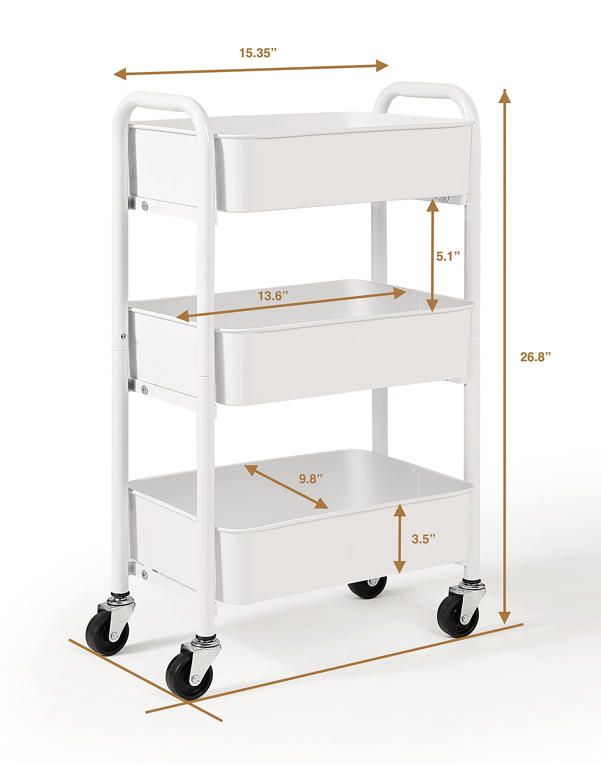 SunnyPoint 3-Tier Delicate Compact Rolling Metal Storage Organizer - Mobile Utility Cart Kitchen/Under Desk Cart with Caster Wheels - Army (15.35" X 10.24" X 26.8"H)