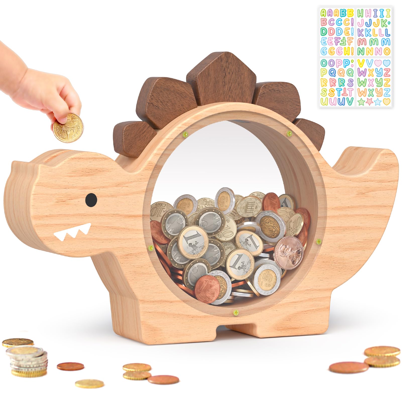 Summidate Wooden Dinosaur Piggy Bank for Kids Boys, Cute Wood Dino Money Bank for Toddlers, Creative Saving Coin Jar, Personalized Present for Child Birthday & Decor (Brachiosaurus, Custom)