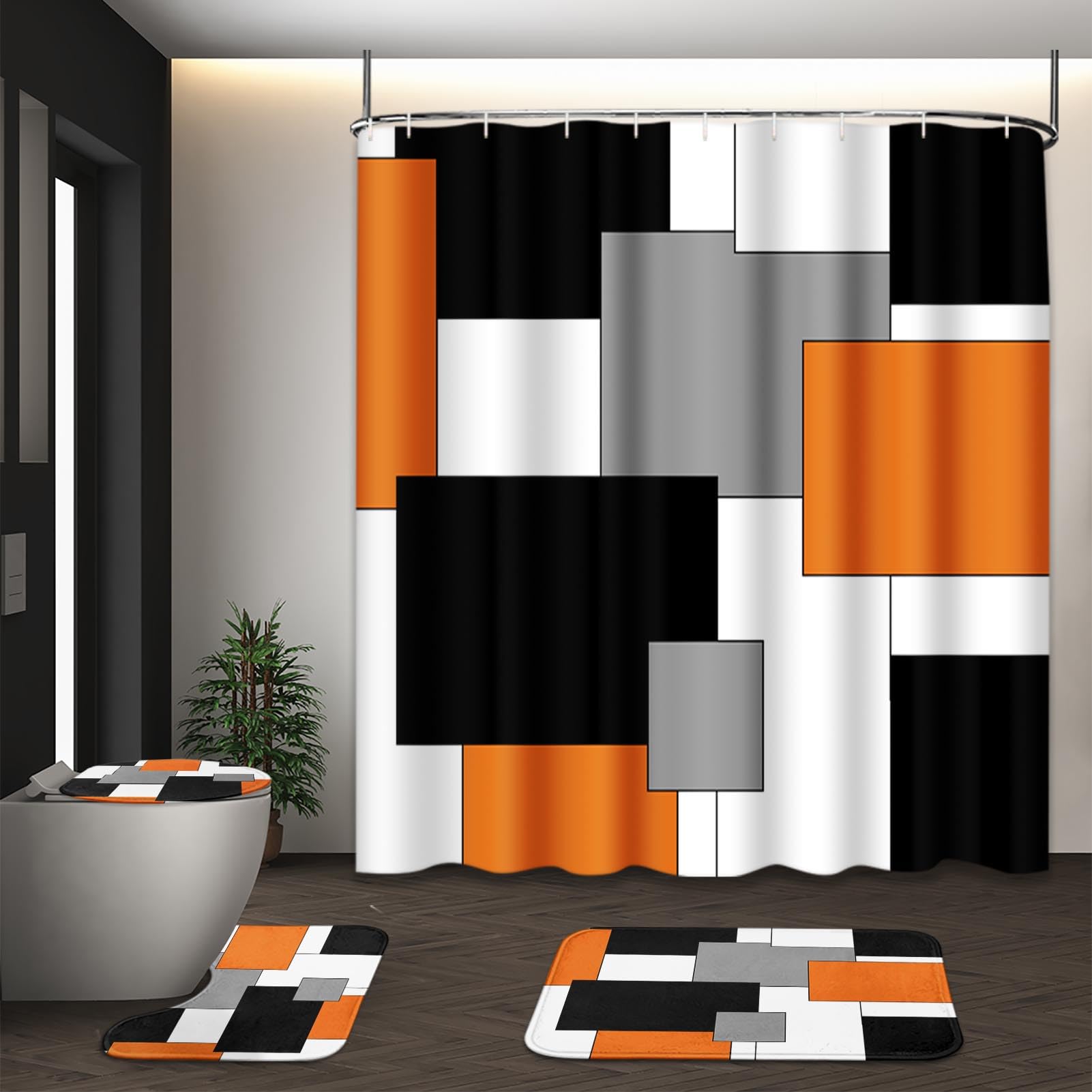 Beige Geometric Shower Curtain Set with Toilet Lid Cover and Non-Slip Rugs for Bathroom, Black Grey White Checkered 4 Pcs Shower Curtain, Modern Abstract Bathroom Set with 12 Hooks