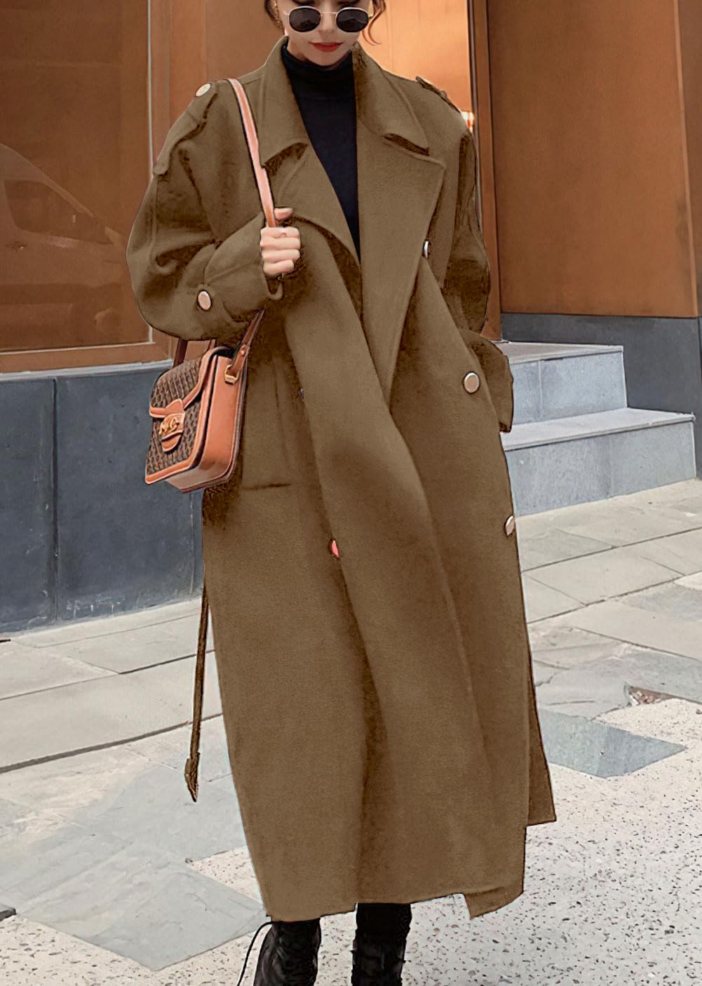chouyatou Women's Winter Double Breasted Midi Long Wool Pea Coat Notch Lapel Winter Trench Coat