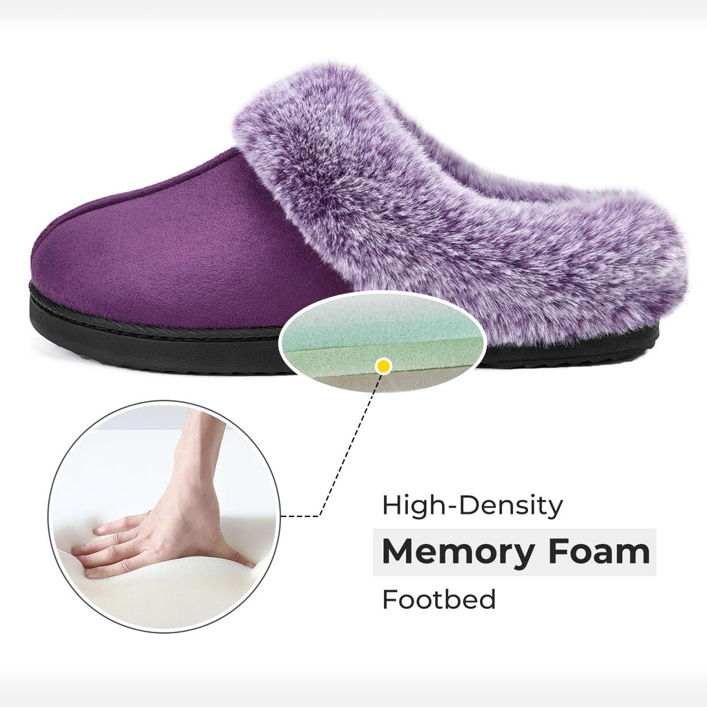 HomeTop Women's Classic Microsuede Memory Foam Slippers Durable Rubber Sole with Warm Faux Fur Collar