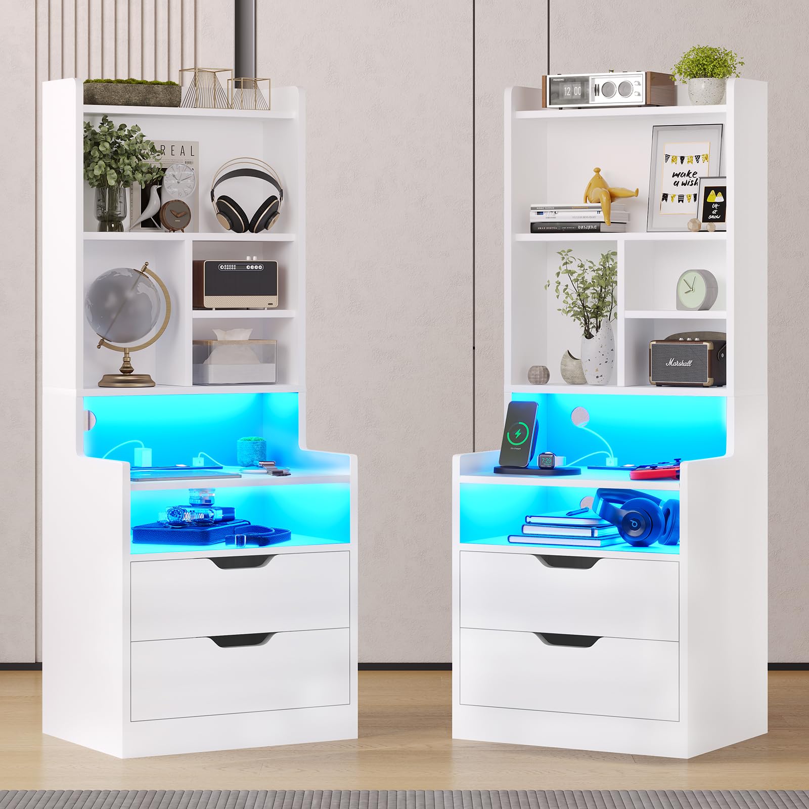 BTHFST Tall Nightstand with LED Lights and Charging Station, LED Black Nightstand with Shelves and 2 Drawers, Bedside Table with Bookshelf, Tall Side End Table with Storage