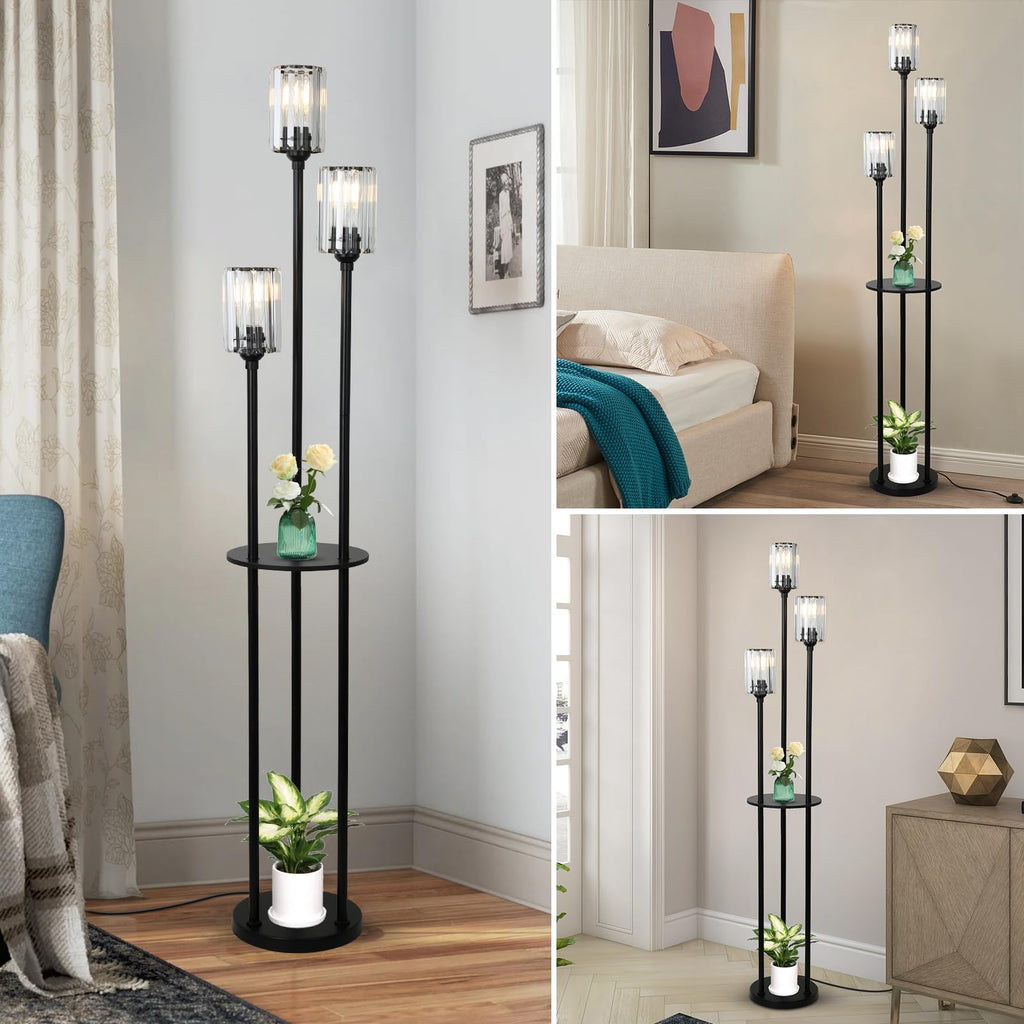 HMVPL Gold Floor Lamps for Living Room, Modern Floor Lamp with Shelves, Crystal Standing Lamps with Table, Brass Tall Lamp with Crystal Shade, On/Off Switch, Mid Century Corner Floor Lamp for Bedroom