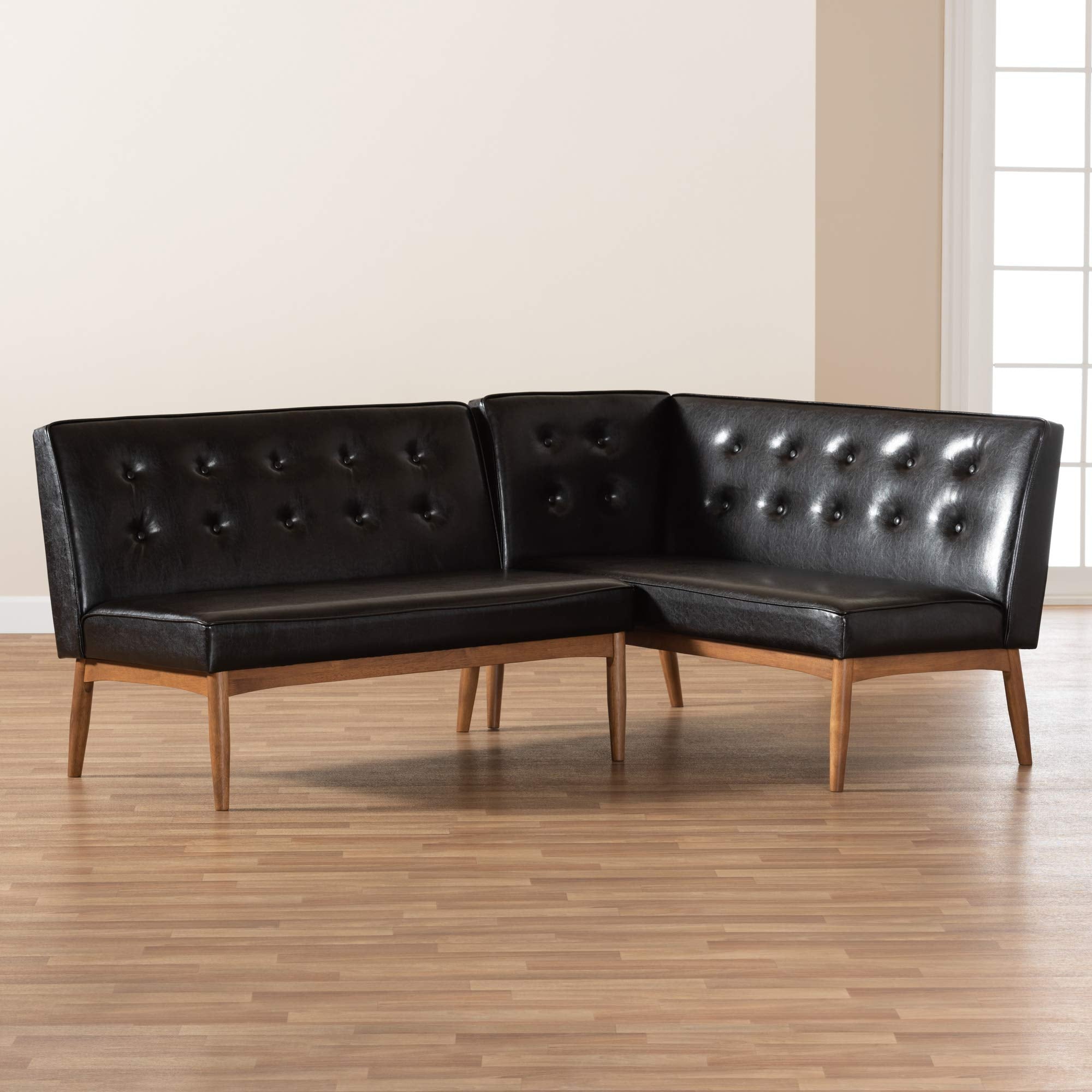 Baxton Studio Arvid Mid-Century Modern Dark Brown Faux Leather Upholstered 2-Piece Wood Dining Corner Sofa Bench