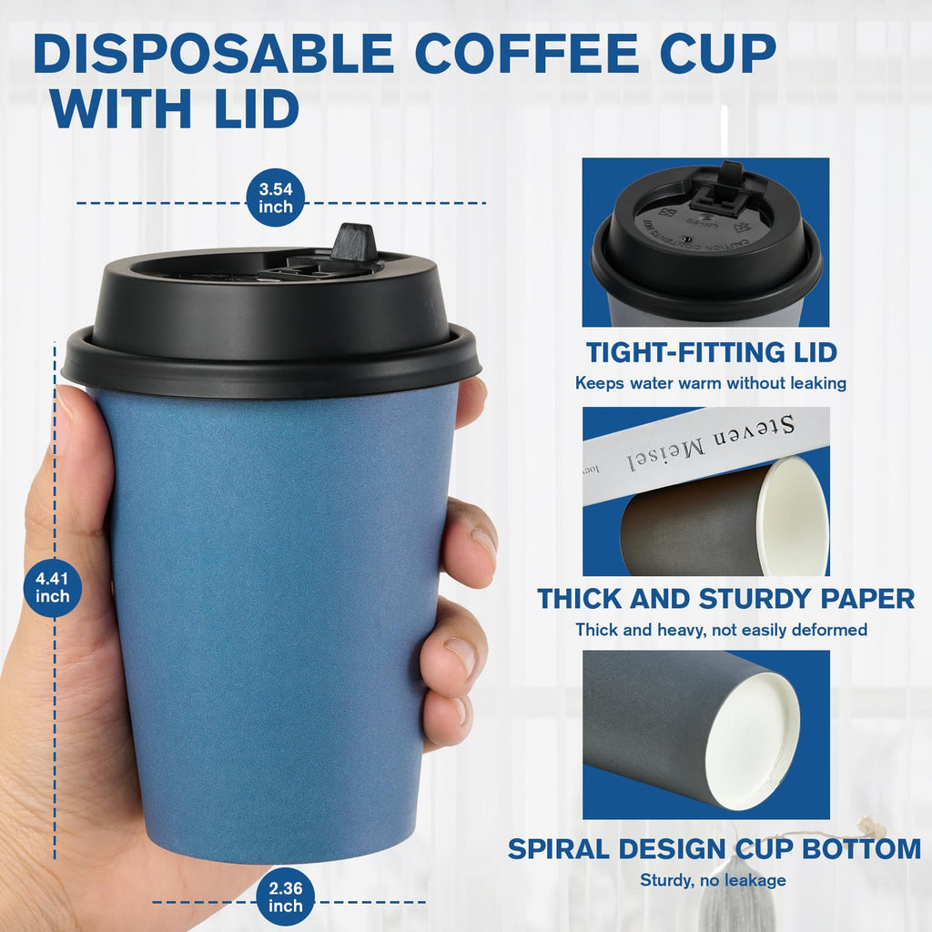 LITOPAK 100 Pack 10 oz Disposable Paper Coffee Cups with Lids for Coffee, Water, Juice, or Tea, Blue and Gray Hot Paper Cups for Home, Restaurant, Store, and Cafe