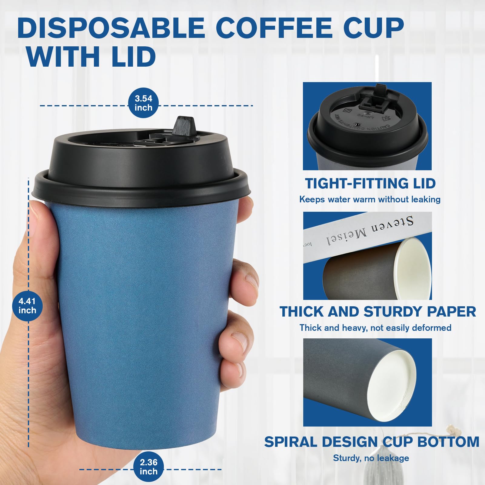 LITOPAK 100 Pack 10 oz Disposable Paper Coffee Cups with Lids for Coffee, Water, Juice, or Tea, Blue and Gray Hot Paper Cups for Home, Restaurant, Store, and Cafe