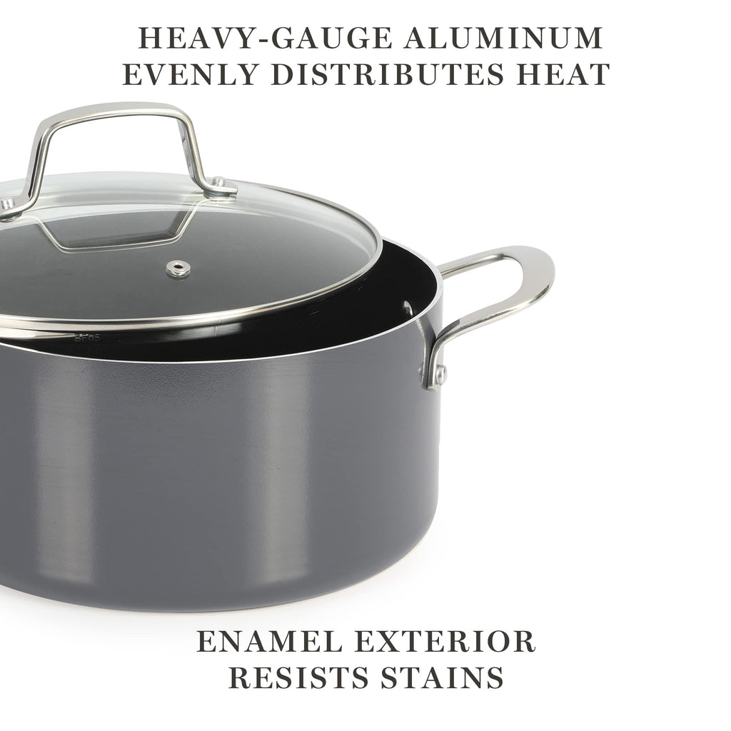 Martha Stewart Lockton Premium Nonstick PFA Free Ceramic Interior 10 Piece Enamel Heavy Gauge Aluminum Pots and Pans Cookware Set - Butter Cream