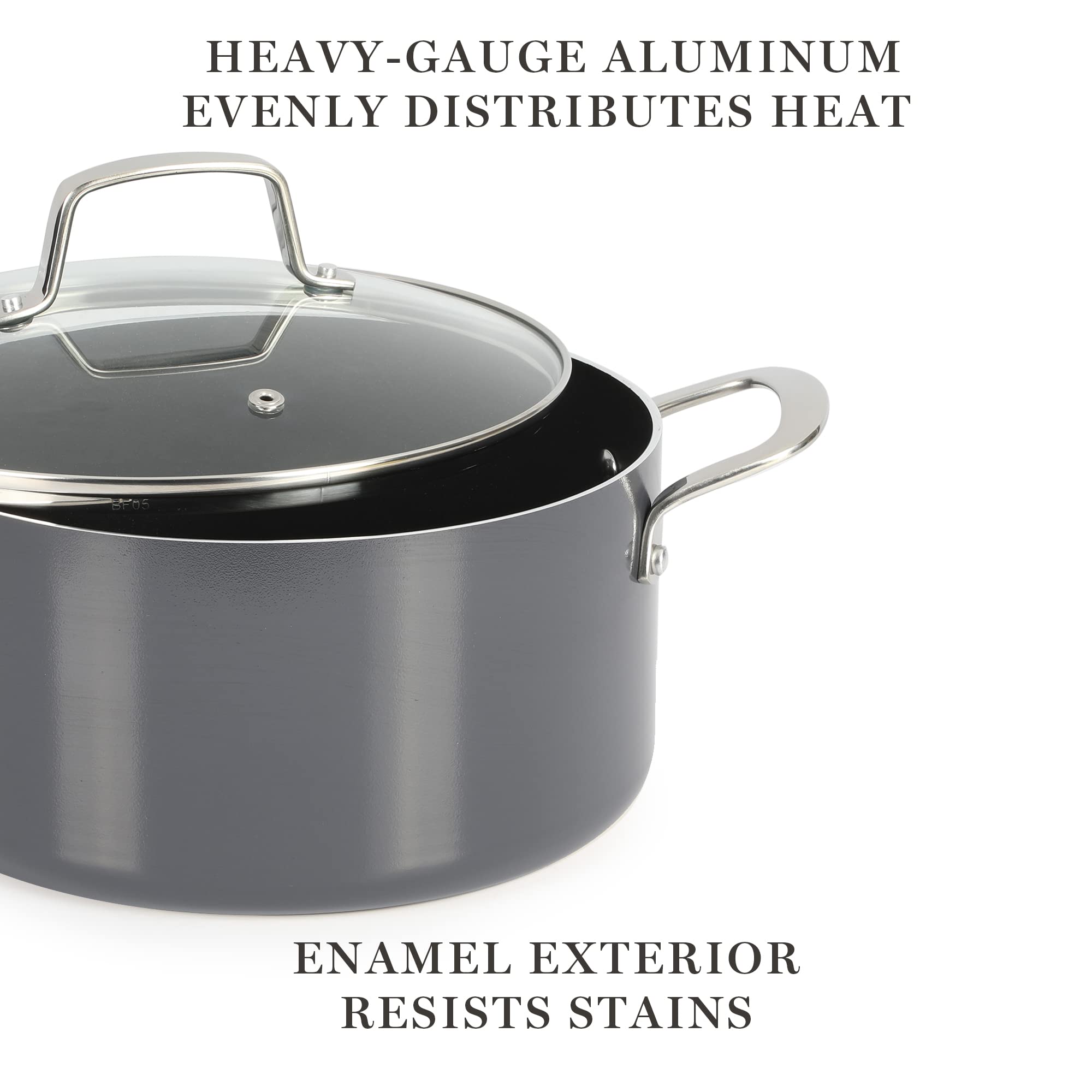 Martha Stewart Lockton Premium Nonstick PFA Free Ceramic Interior 10 Piece Enamel Heavy Gauge Aluminum Pots and Pans Cookware Set - Butter Cream